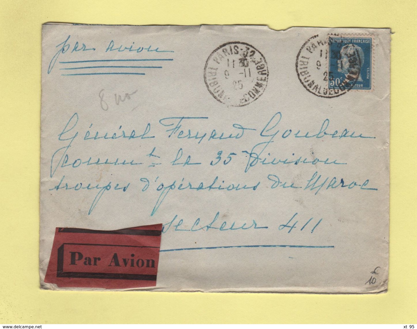 FM + 50c Pasteur Seul Sur Lettre Par Avion Pour Le Secteur 411 - 9-11-1925 Arrivee Le 14-11-1925 - 1960-.... Cartas & Documentos