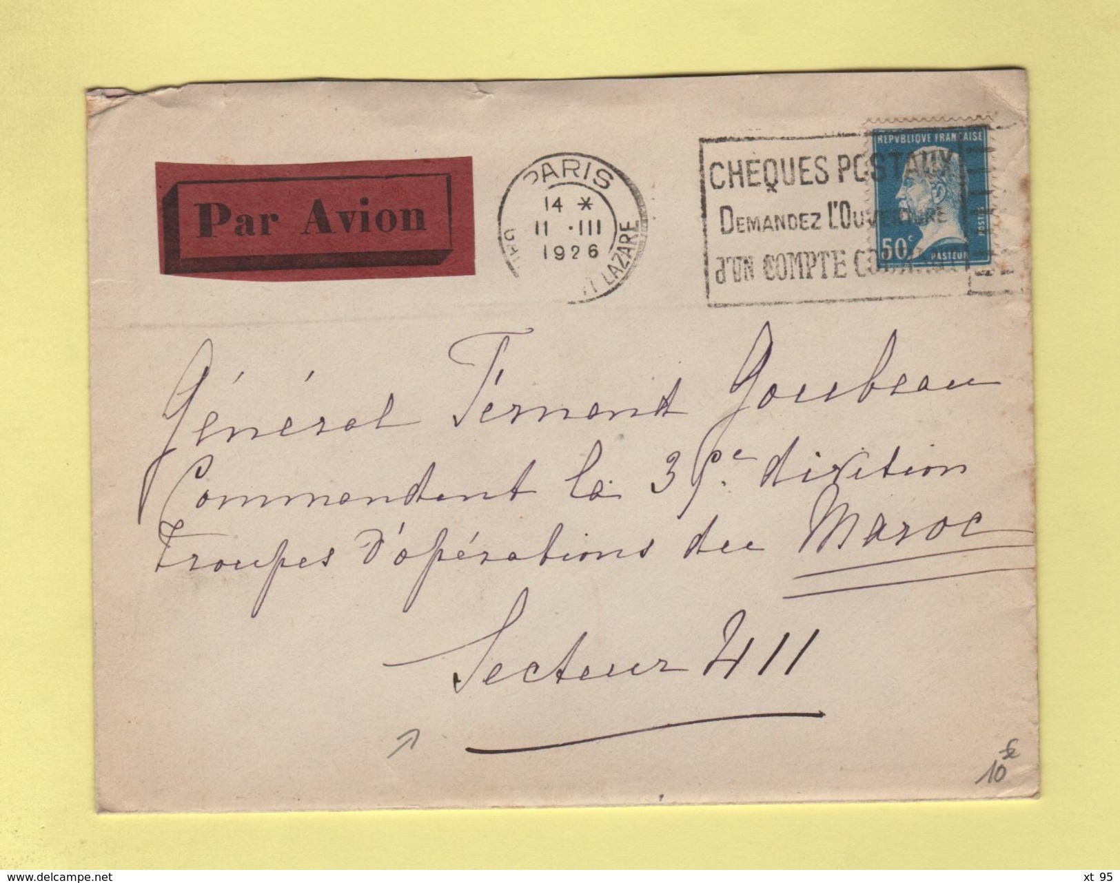 FM + 50c Pasteur Seul Sur Lettre Par Avion Pour Le Secteur 411 - 11-3-1926 Arrivee Le 15-3-1926 - 1960-.... Lettres & Documents