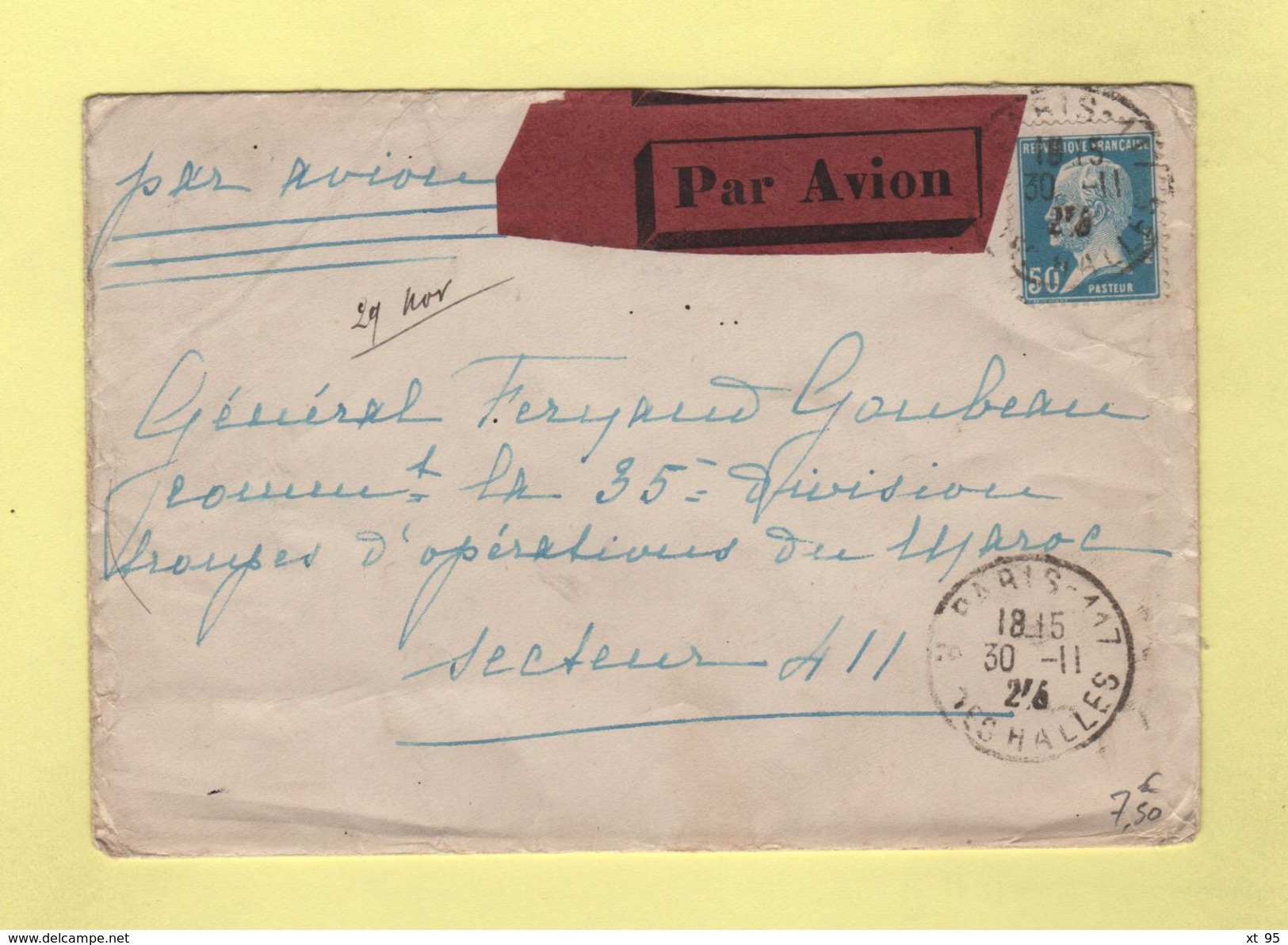 FM + 50c Pasteur Seul Sur Lettre Par Avion Pour Le Secteur 411 - 30-11-1925 Arrivee Le 4-12-1925 - 1960-.... Lettres & Documents