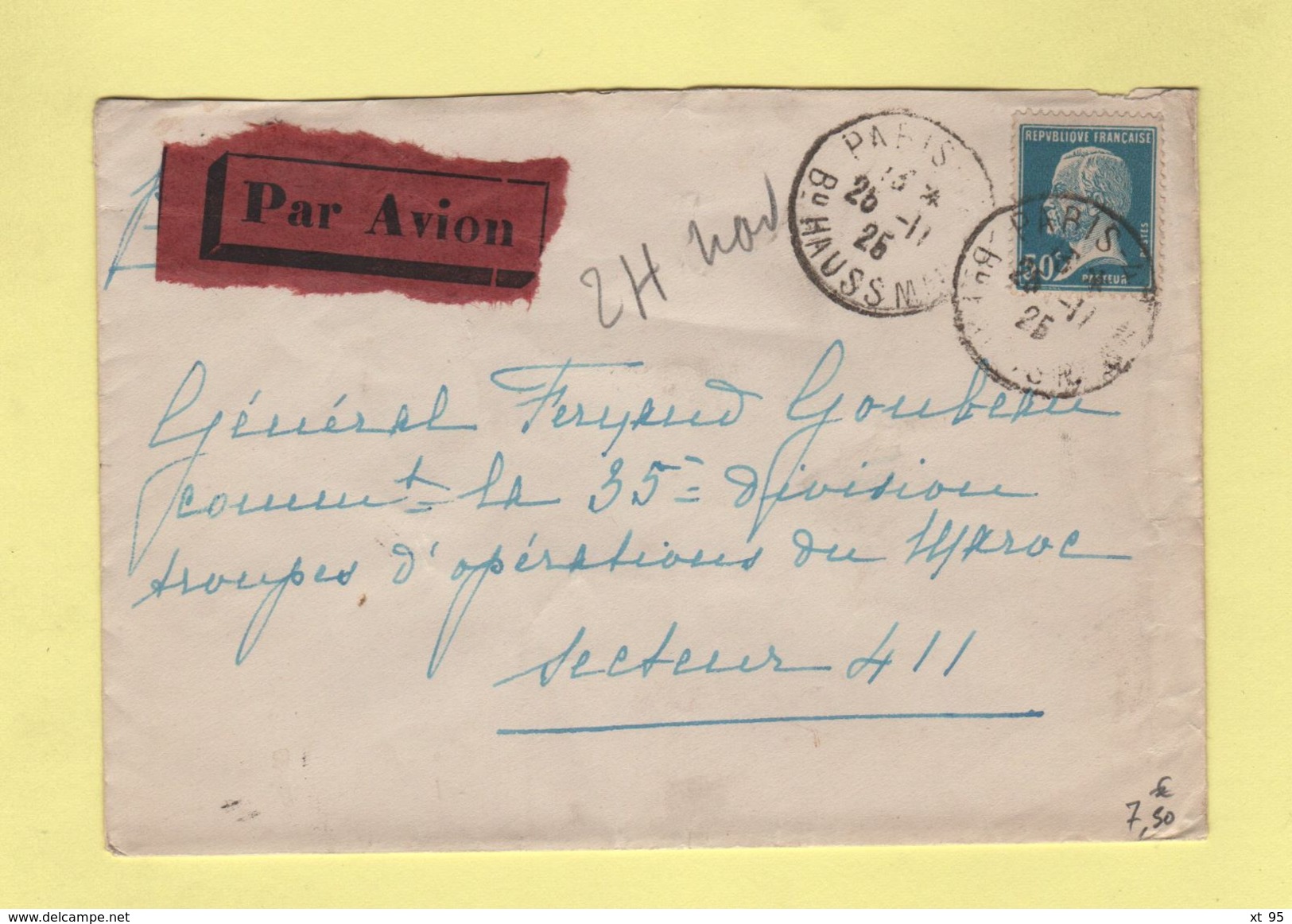 FM + 50c Pasteur Seul Sur Lettre Par Avion Pour Le Secteur 411 - 25-11-1925 Arrivee Le 30-11-1925 - 1960-.... Lettres & Documents