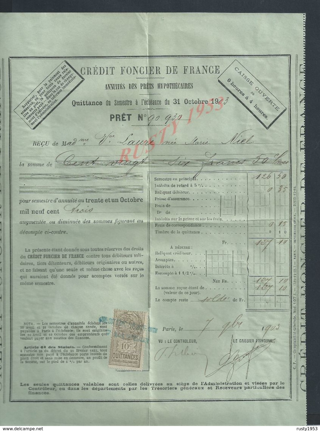 FACTURE DE 1903 CREDIT FONCIER DE FRANCE PARIS : - Banque & Assurance