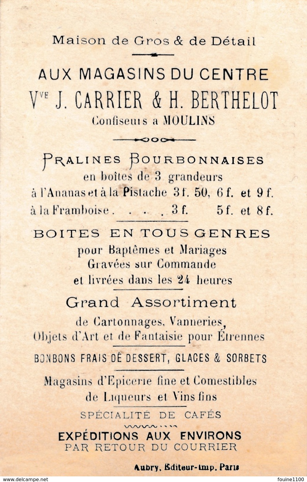 Chromo  ( Aubry ) Noce Mariage AUX MAGASINS DU CENTRE Carrier Berthelot Confiseur à MOULINS ( Recto Verso ) - Other & Unclassified