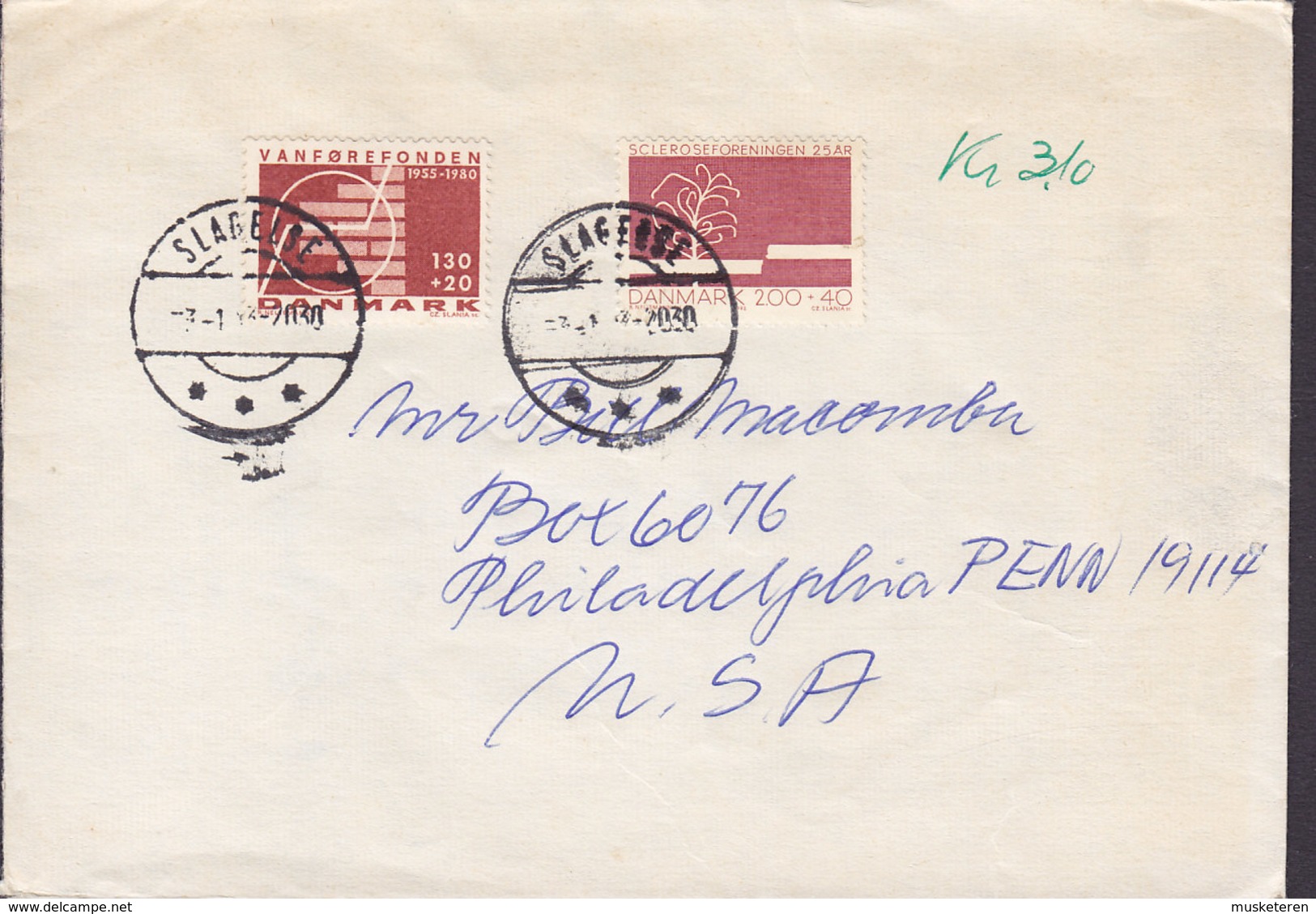 Denmark Brotype IId SLAGELSE 1983 Cover Brief PHILADELPHIA Penn. USA Vanførefonden Vignette & Sclerose Stamps - Briefe U. Dokumente