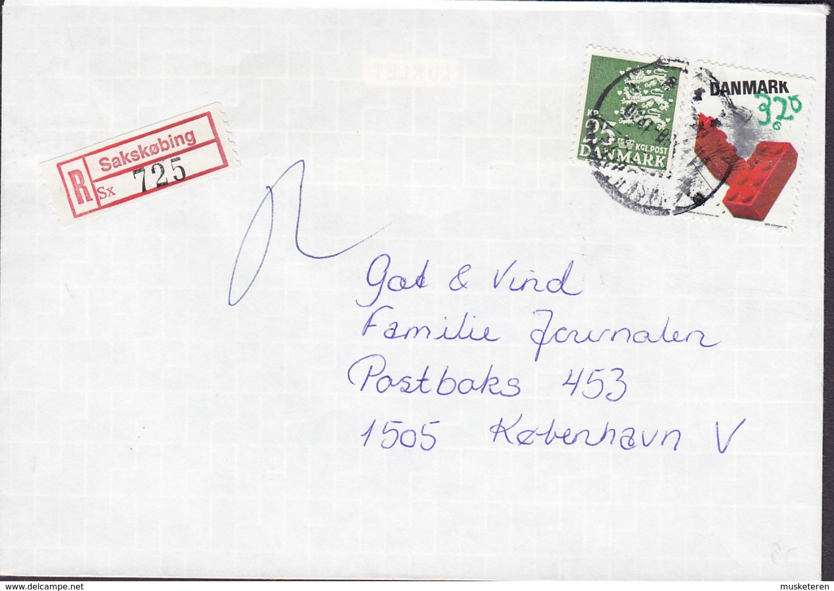 Denmark Registered Einschreiben Recommandé Label SAKSKØBING 1988 Cover Brief Europa CEPT LEGO Stamp - Briefe U. Dokumente