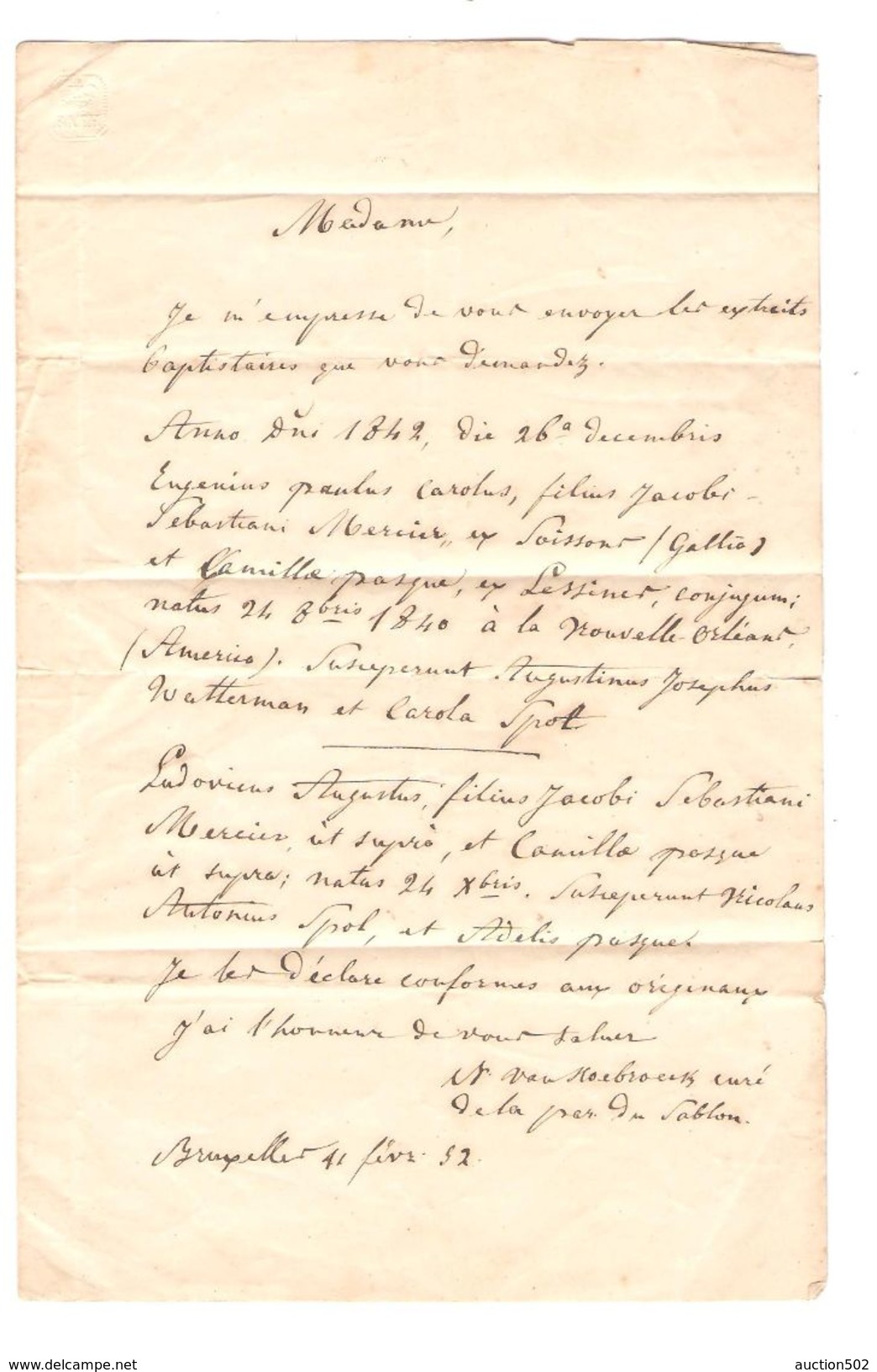 LAC écrit Par Le Curé Van Moebroeck Paroisse Du Sablon C.Bruxelles 12/2/1852 Pour Ath C.d'arrivée Port 3 PR5092 - Andere & Zonder Classificatie