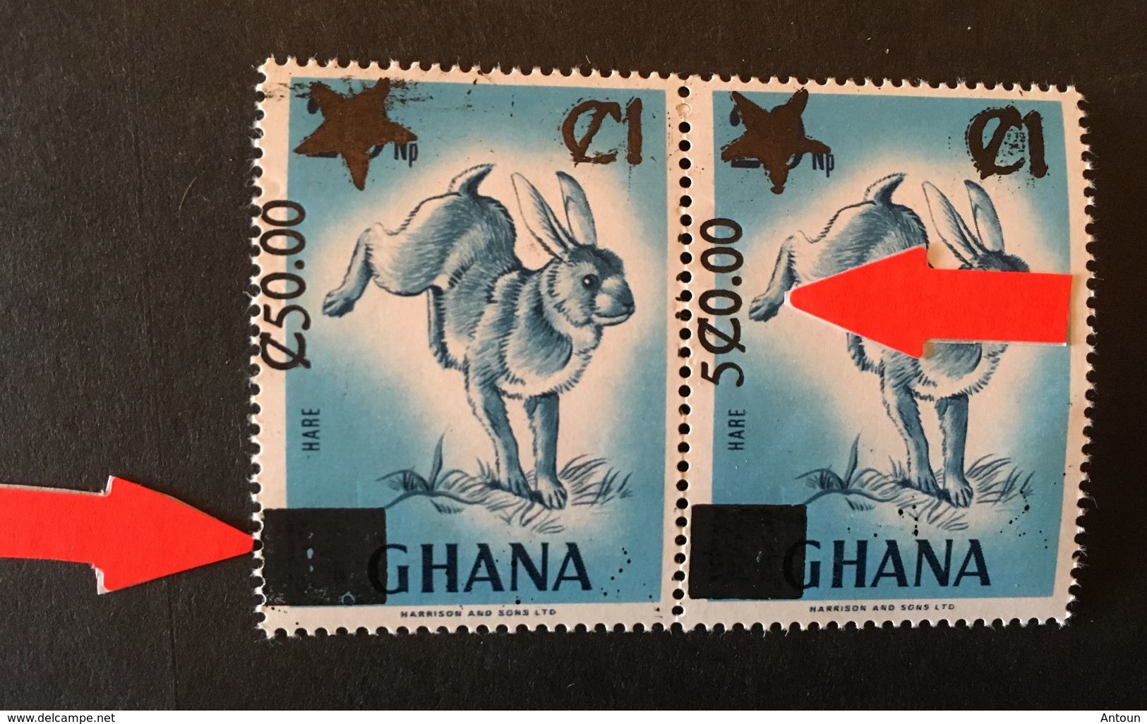 Ghana 1988 Pair One Stamp 5C0.00  Instead 0f C50.00  Triangle At The Bottom Instead On Top - Ghana (1957-...)