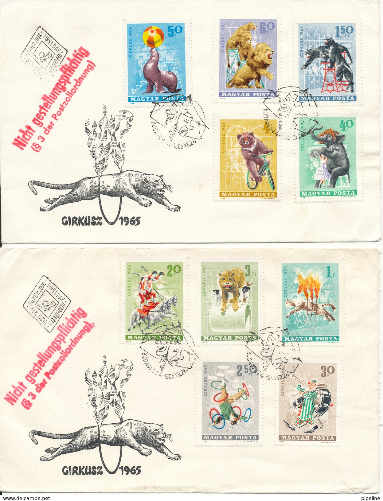 Hungary Registered FDC 26-7-1965 Complete Set Of 10 Stamps On 2 Covers CIRCUS Sent To Germany DDR - FDC