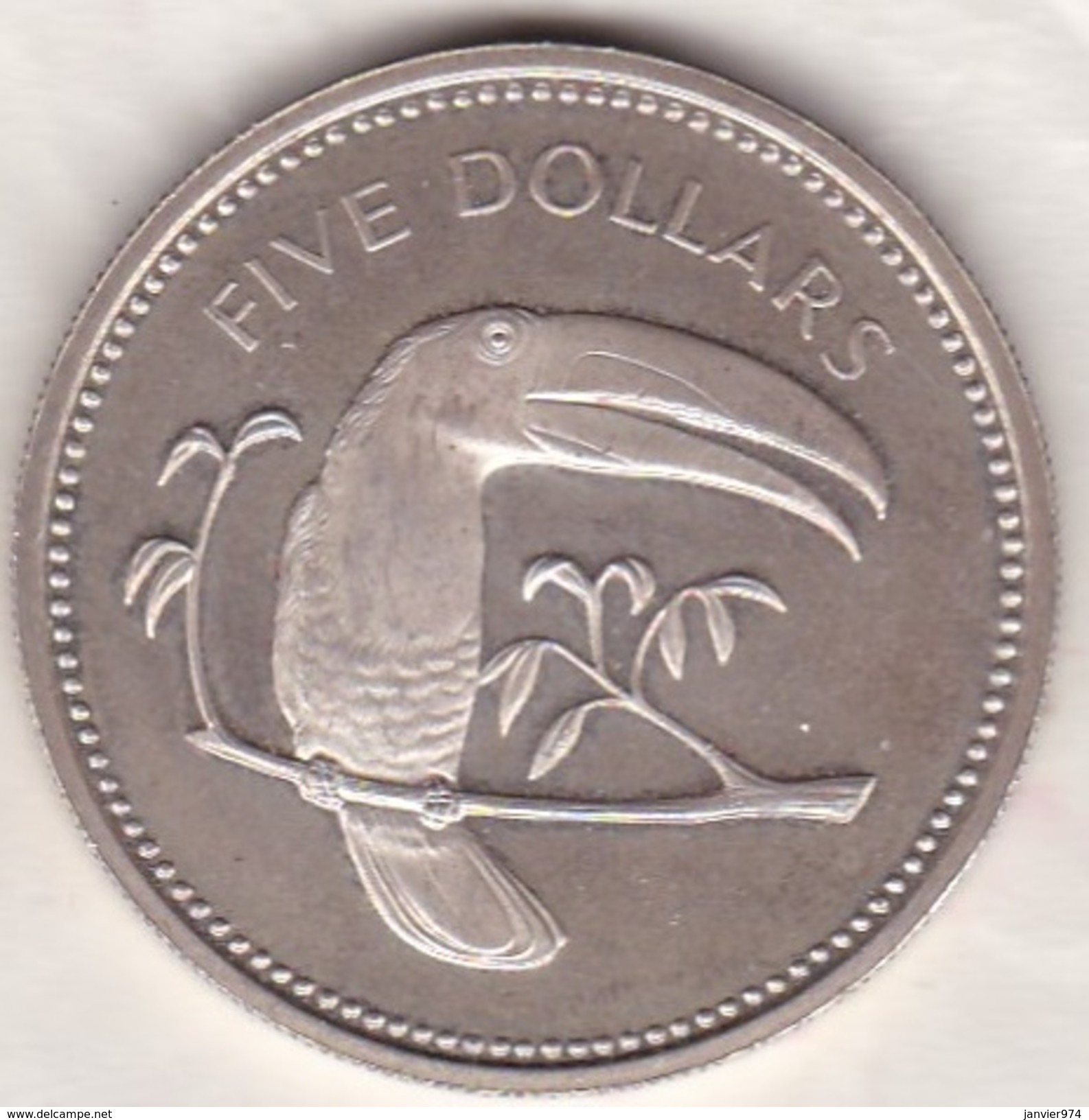 Belize. 5 Dollars 1974 . Keel-billed Toucan . Argent.  KM# 44a - Belize