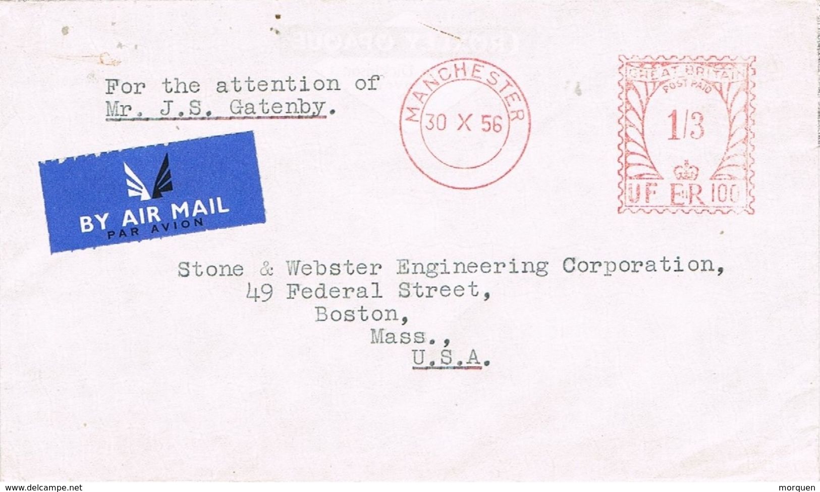 26870. Carta Aerea MANCHESTER (England) 1956 To USA, Franqueo Mecanico - Cartas & Documentos