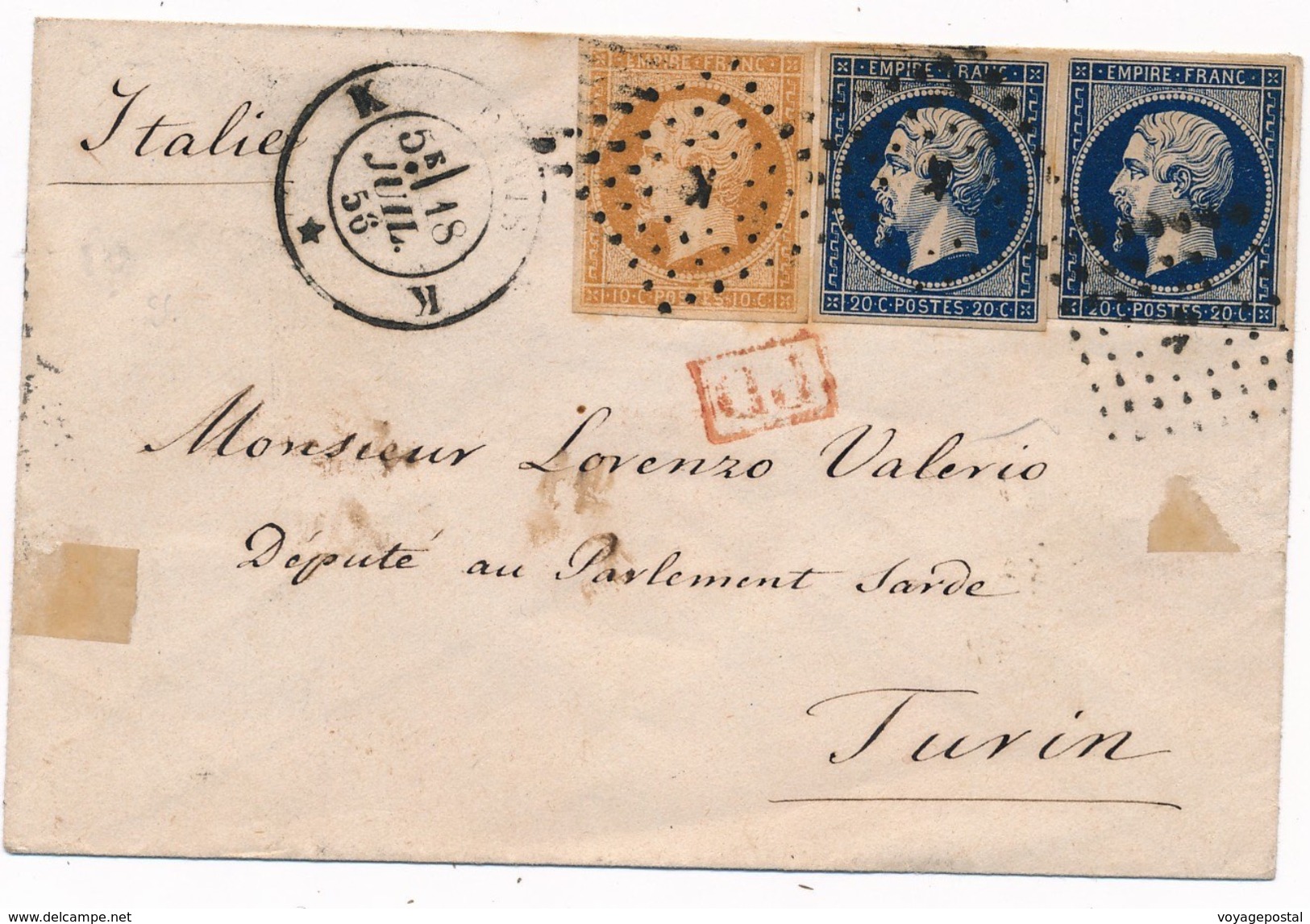 Lettre N°13,14x2 Paris "K" Pour Turin 1856 - 1849-1876: Période Classique