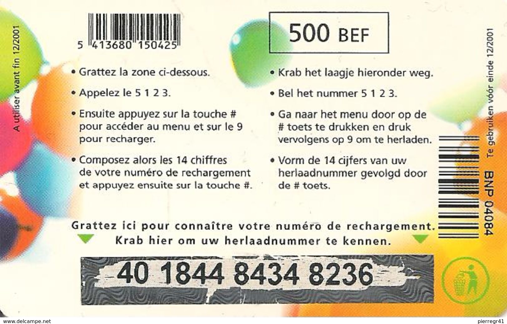CARTE+-PREPAYEE-MOBISTAR-GSM--500BEF-TEMPO-V° N°TGros N° CODE-12/2001-TBE - [2] Prepaid & Refill Cards