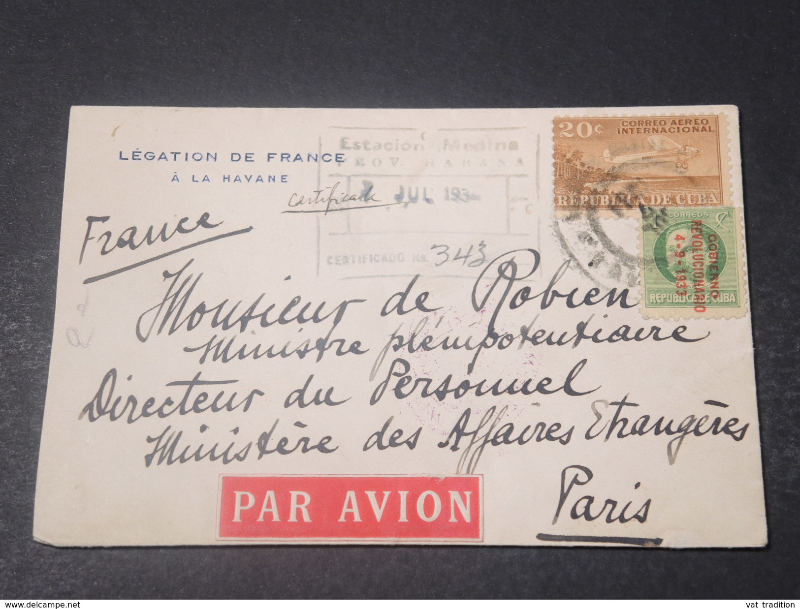 CUBA - Enveloppe En Recommandé De La Légation De France à La Havane Pour Paris En 1934 - L 11049 - Covers & Documents