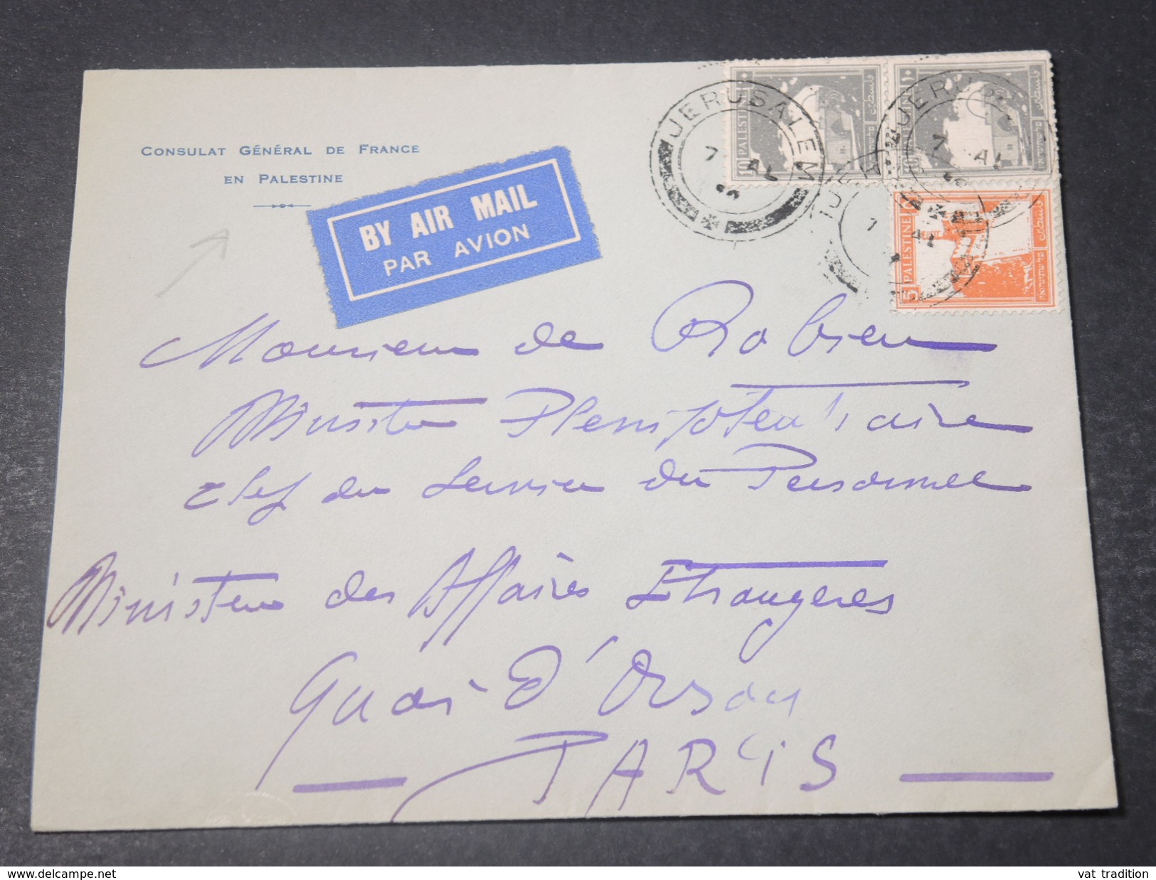 PALESTINE - Enveloppe Du Consulat De France Pour Paris - L 11050 - Palestine