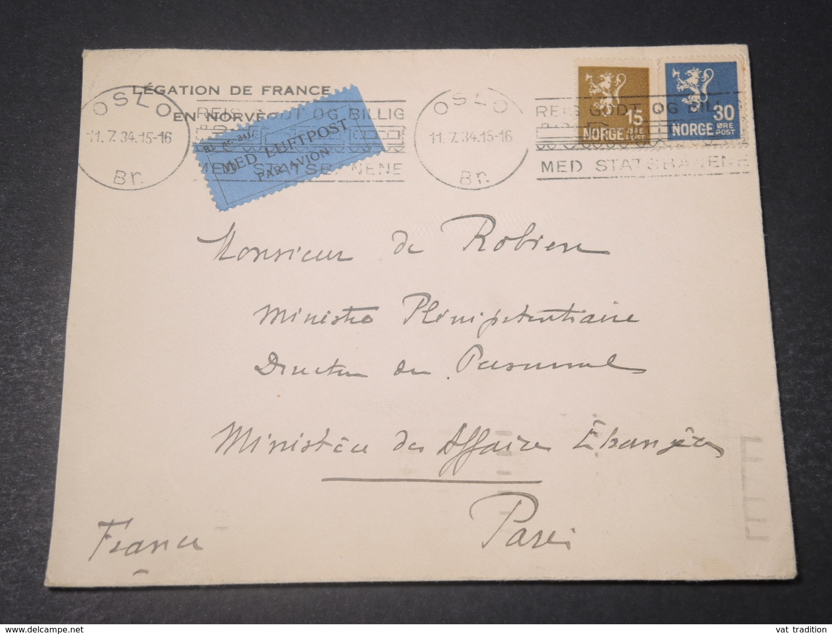 NORVÈGE - Enveloppe De La Légation De France Pour Paris En 1934 - L 11057 - Lettres & Documents