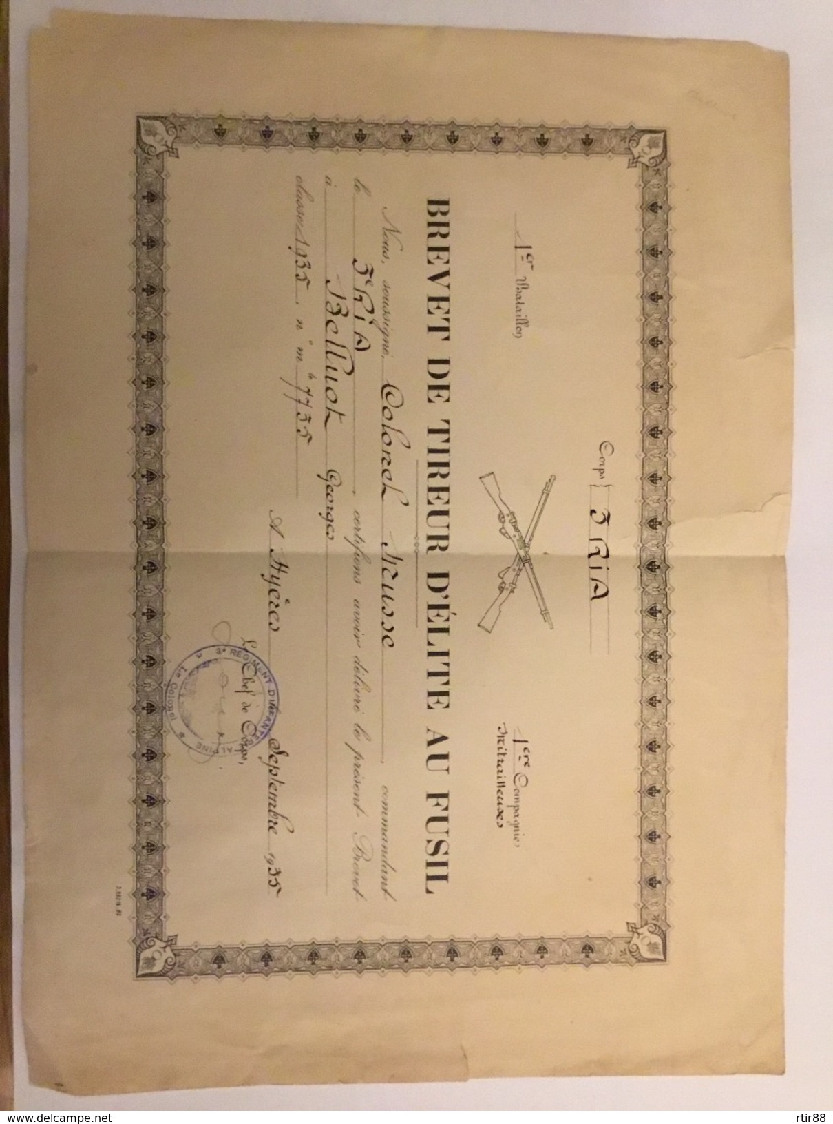 Brevet Diplôme De Tireur D’ élite Du 3° Regiment D Infanterie Alpine 1935 - Documents