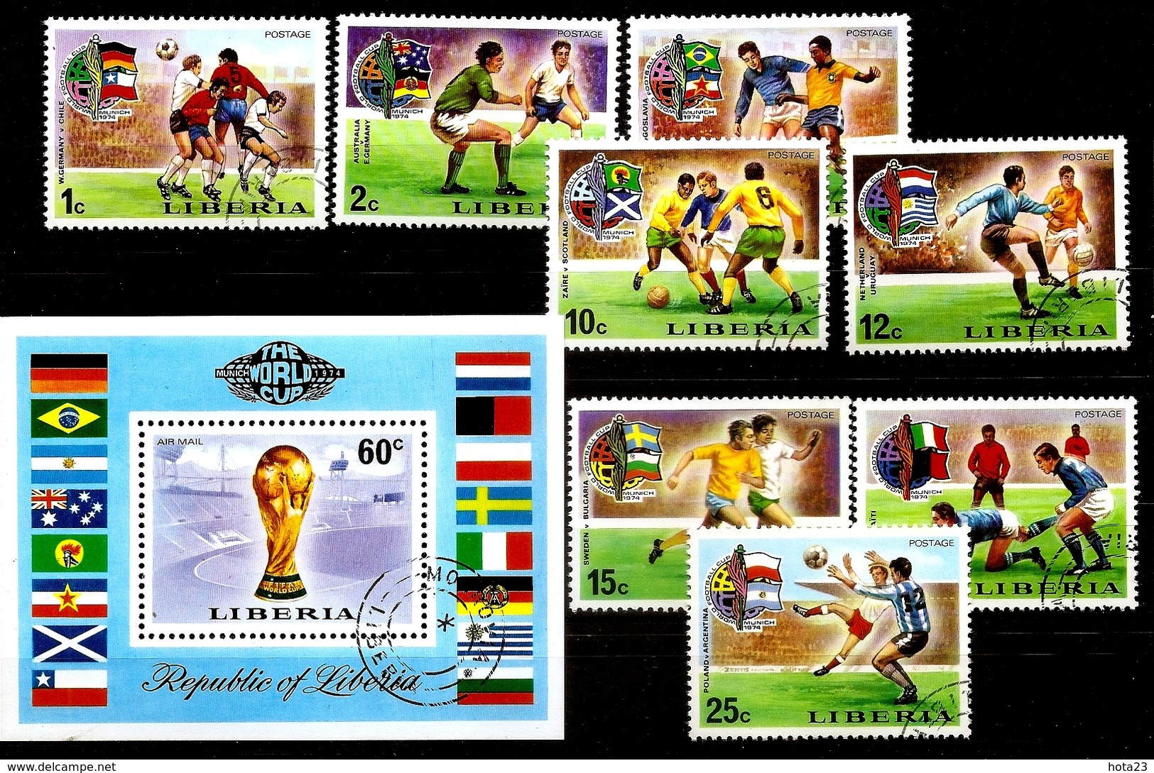 Liberia 1974 World Cup Soccer , Football Flags FULL SET + S/S CTO  Used Set - 1974 – Germania Ovest