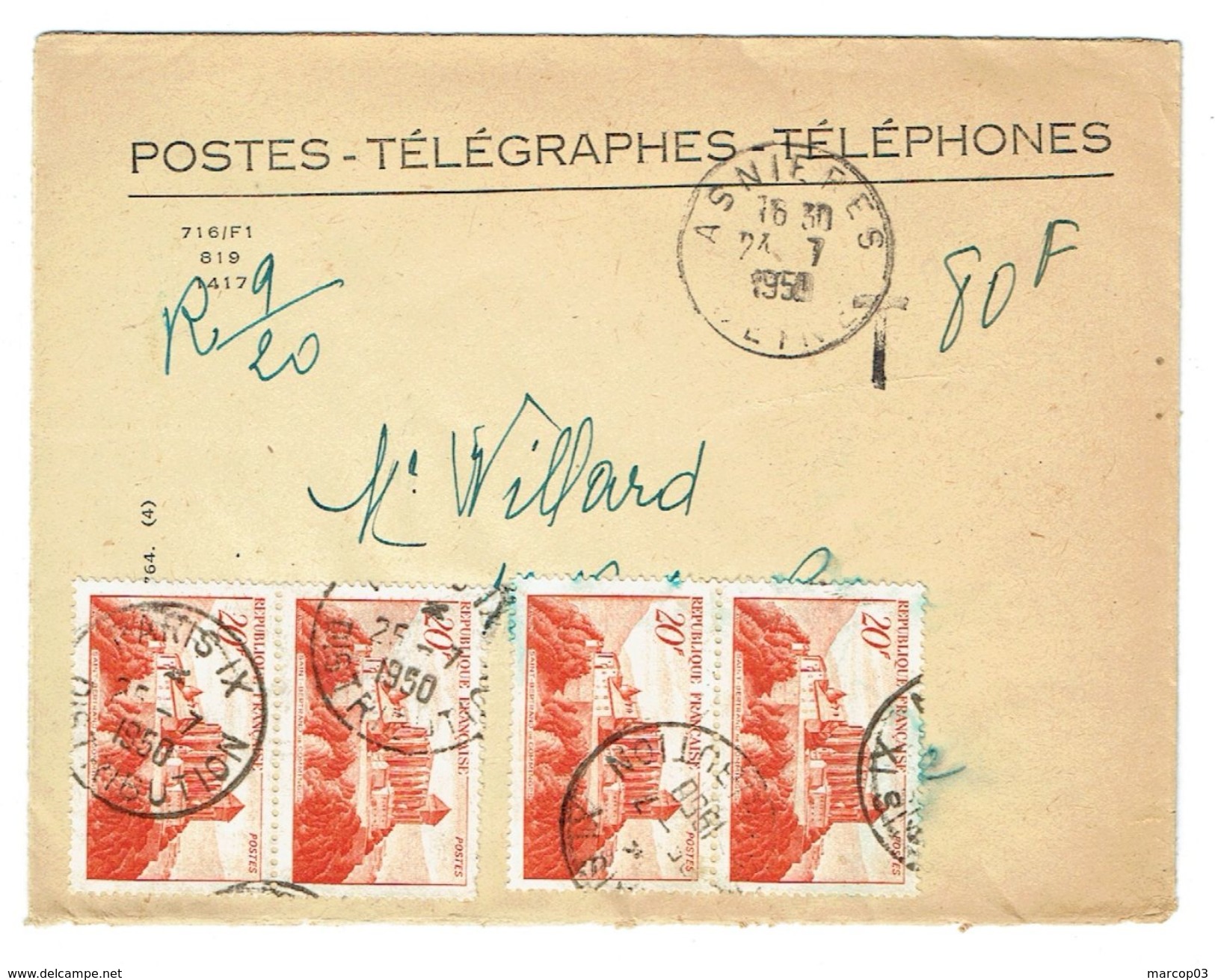 Recouvrement Enveloppe N°1494 Asnières TAD 24/07/1950 N° 841A  Préoblitéré X 4 (4 Valeurs Non Recouvrées) TTB - 1921-1960: Modern Period