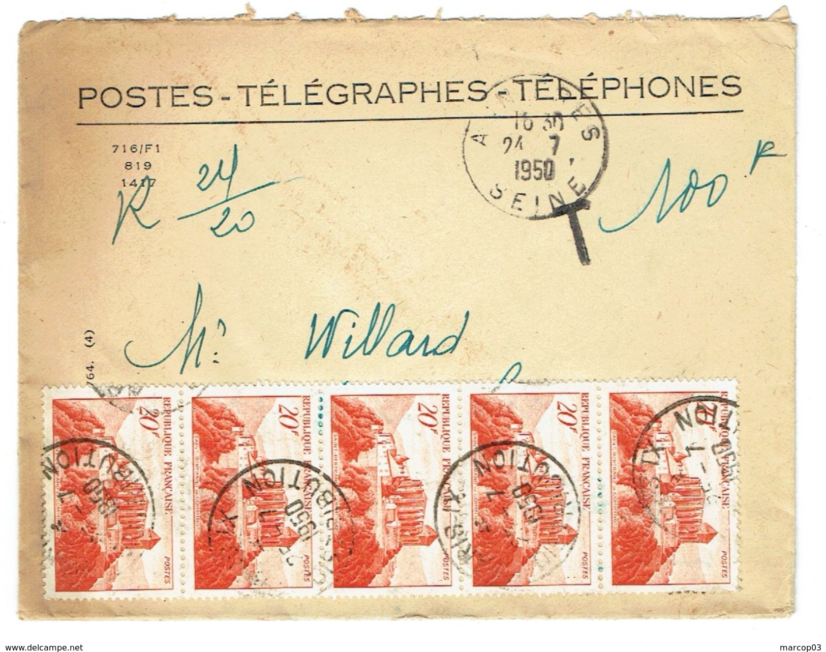 Recouvrement Enveloppe N°1494 Asnières TAD 24/07/1950 N° 841A  Préoblitéré X 5 (5 Valeurs Non Recouvrées) TTB - 1921-1960: Modern Period