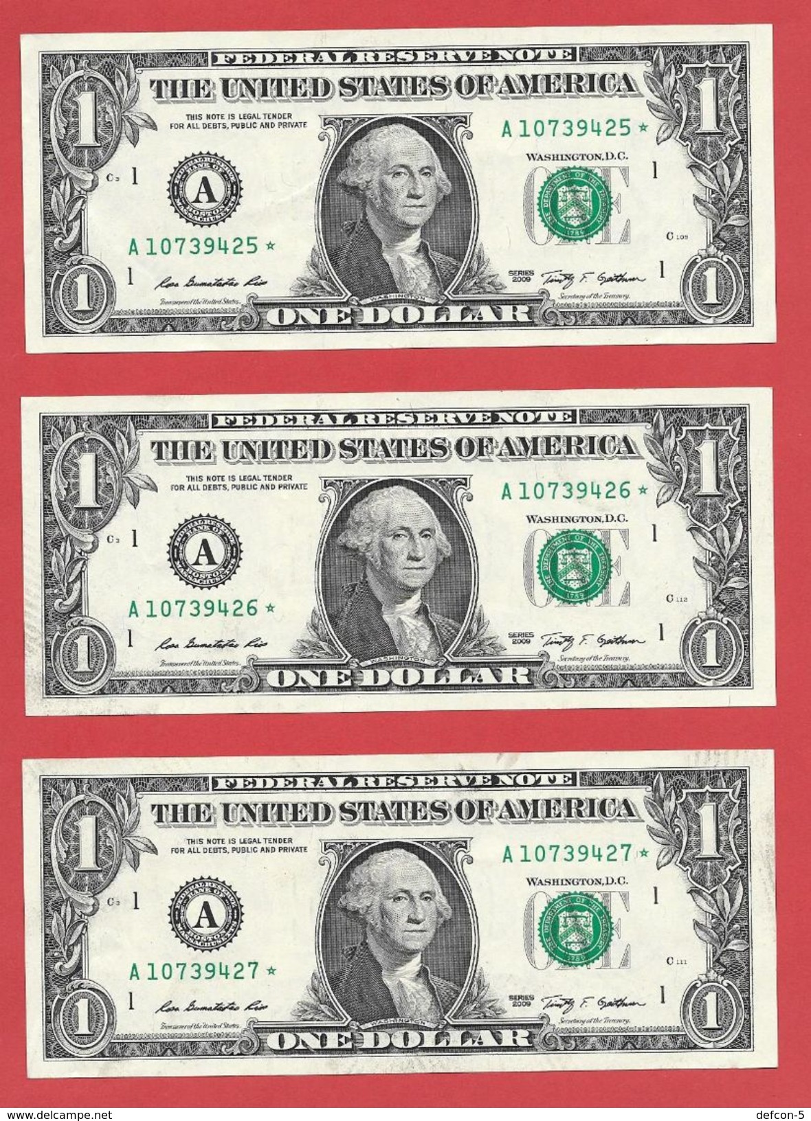 3x STARNOTE ° 1 US-Dollar 2009 ° 1.920.000 RunSize ° Sehr Guter Zust. ° A10739425 > 427* Fortlfd. ($027-01) - RAR - Abarten