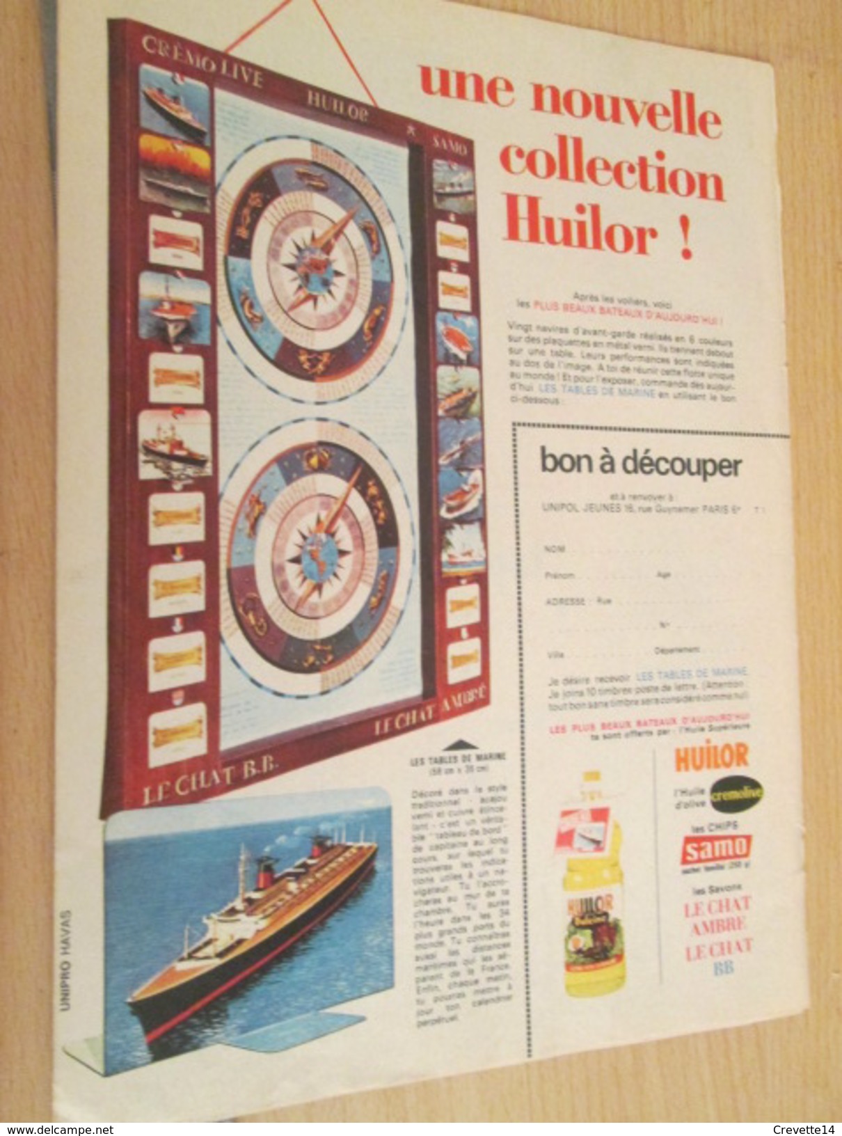 Page De Revue Des Années 60 : PUBLICITE HUILE HUILOR  PLAQUETTES METAL BATEAUX, Format  Page A4 - Autres & Non Classés