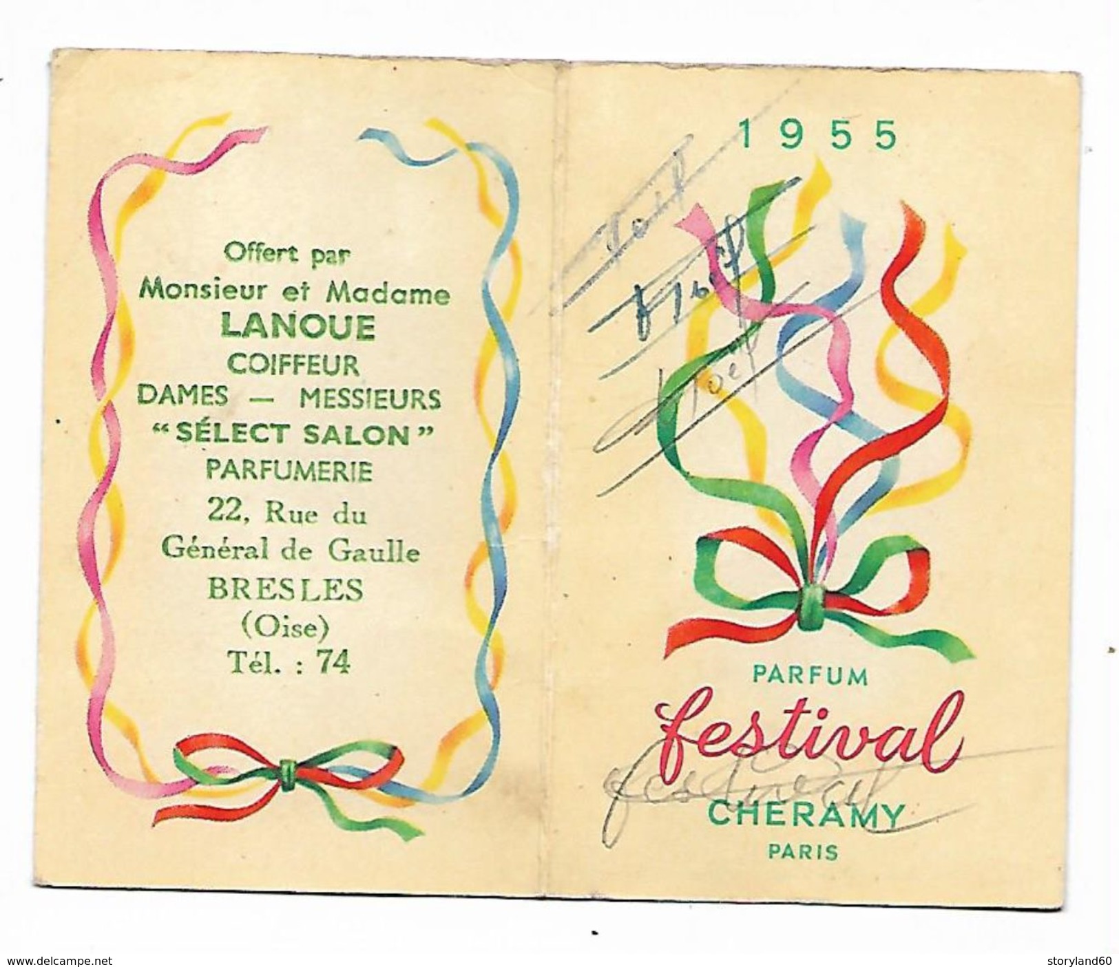 Calendrier De Poche 1955 Parfum Festival De Cheramy , Offert Par M. Lanque Coiffeur à Bresles Oise - Petit Format : 1941-60