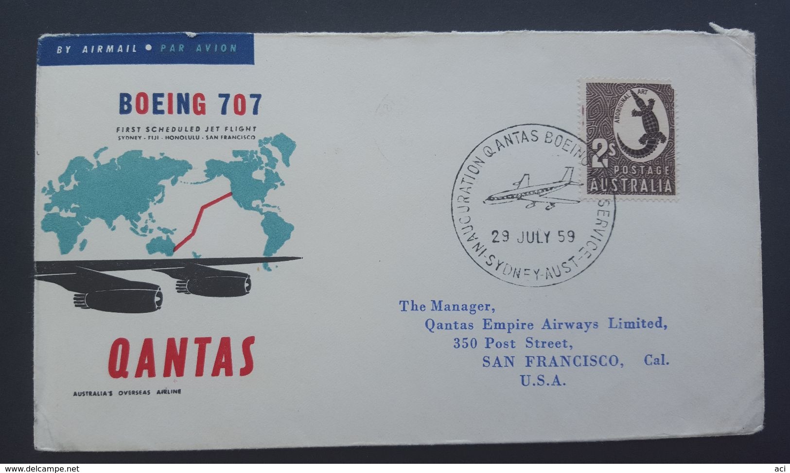 Australia 1959 Qantas First Flight Sydney To San Francisco By Boeing 707 - Premiers Vols