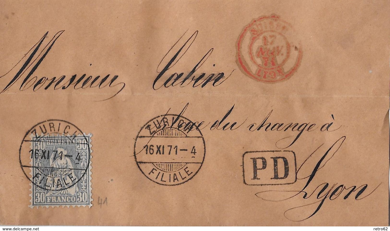 1862-1881 SITZENDE HELVETIA (gezähnt) → PD-Briefteil Zürich Nach Lyon/F  "super Klare Stempel" ►SBK-41& Vignette◄ - Briefe U. Dokumente