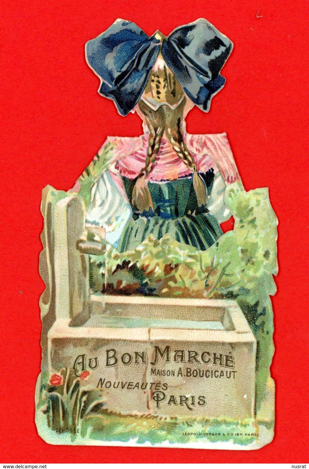 Au Bon Marché Chromo à Système Lith. Léopold Verger VER-8, Costume Régional Alsace, VTC, Sliding System Card - Au Bon Marché
