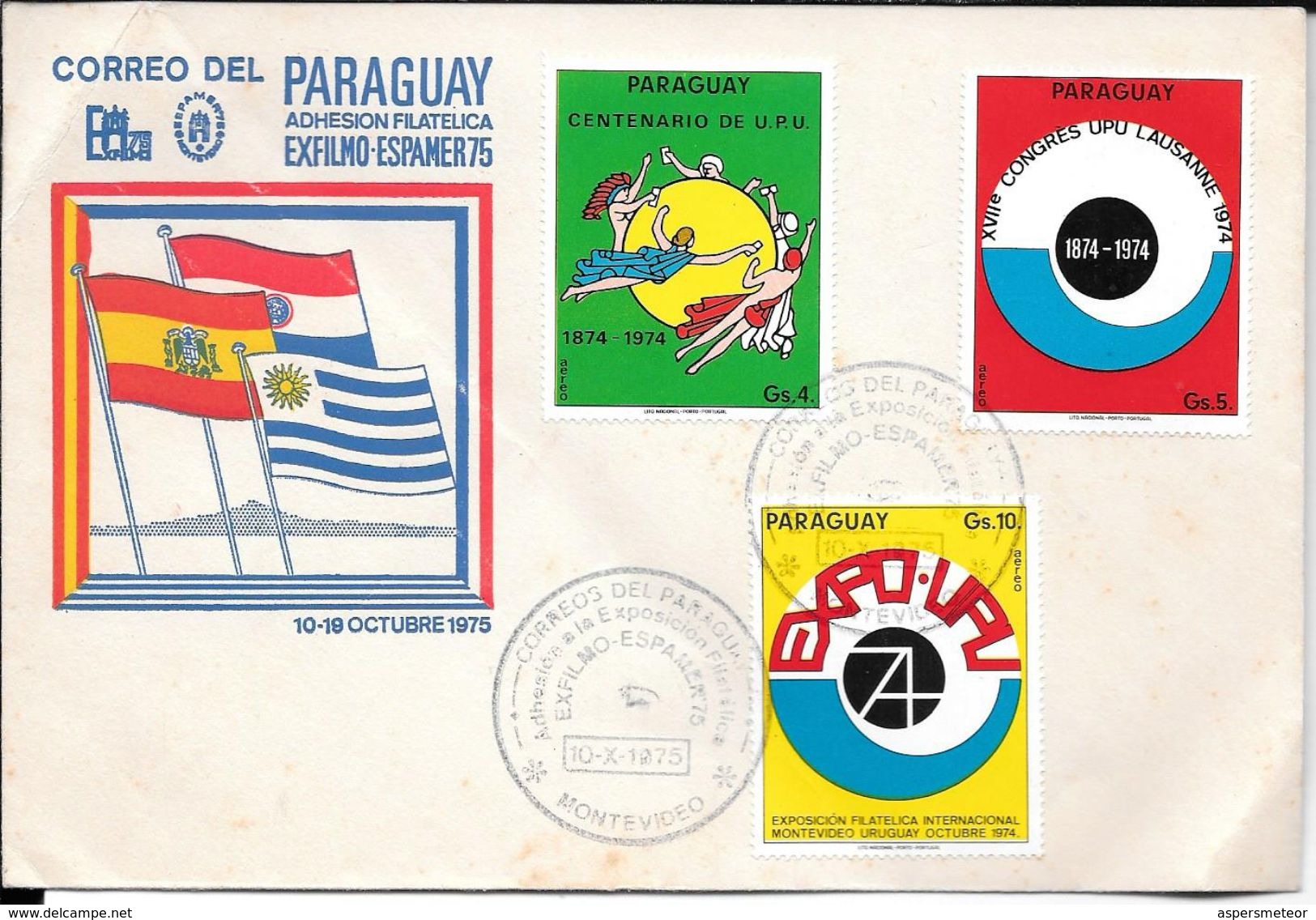 CORREO DEL PARAGUAY ADHESION FILATELICA EXFILMO-ESPAMER 75 AÑO 1975 MATASELLO DE MONTEVIDEO RARISIME SOBRE ENVELOPE - Paraguay