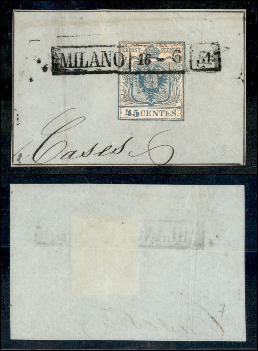 10018 LOMBARDO VENETO - 1850 - Lilliput - 45 Cent Azzurro (10) Ritagliato Lungo Il Disegno - Annullo In Cartella Milano  - Autres & Non Classés