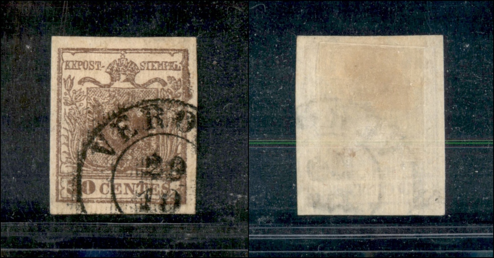 10023 LOMBARDO VENETO - 1851 - 30 Cent Bruno Rossastro (16) Con Carta A Coste Verticali - Verona 20/10 (220) - Andere & Zonder Classificatie