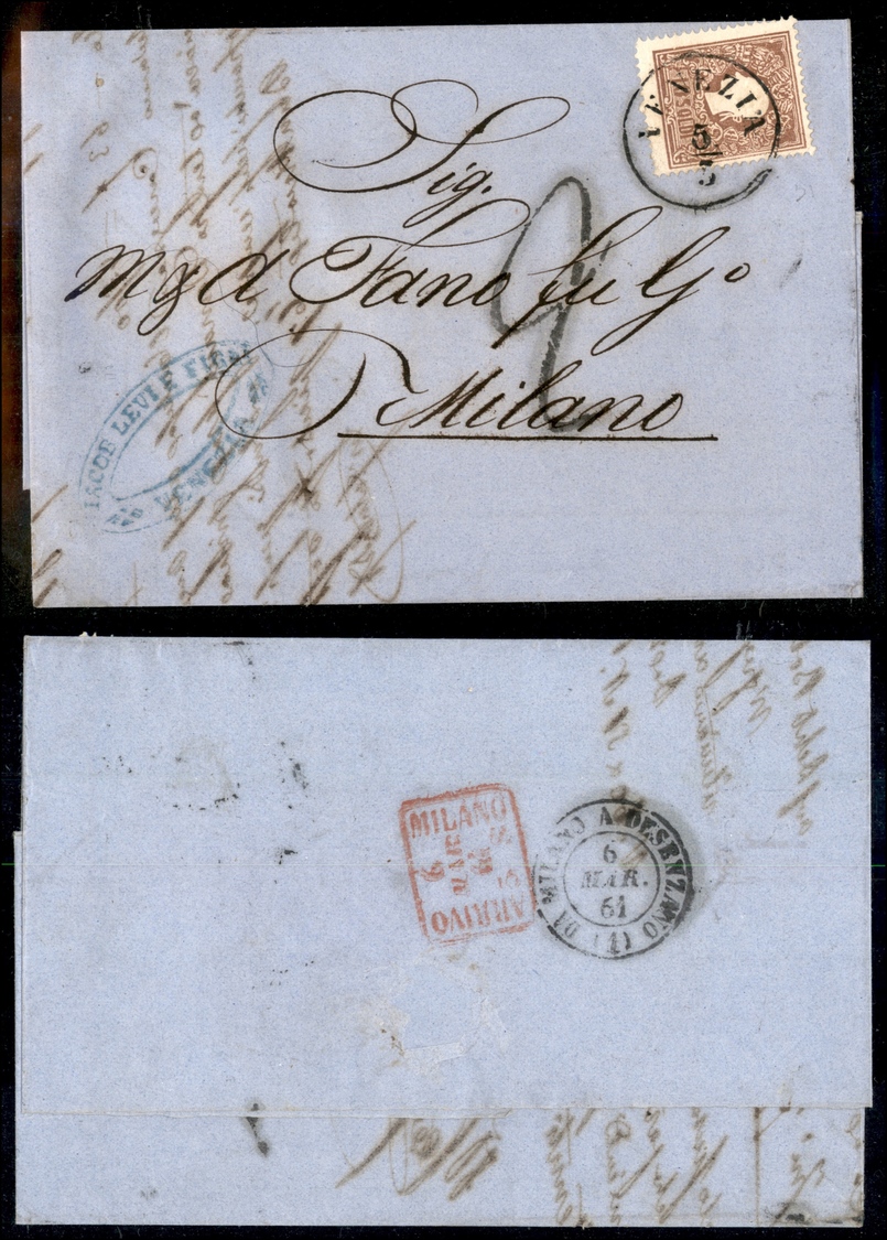 10031 LOMBARDO VENETO - 10 Soldi Bruno II Tipo (31) Su Letterina Da Venezia A Milano Del 5.3.1861 - Tassata - Sonstige & Ohne Zuordnung