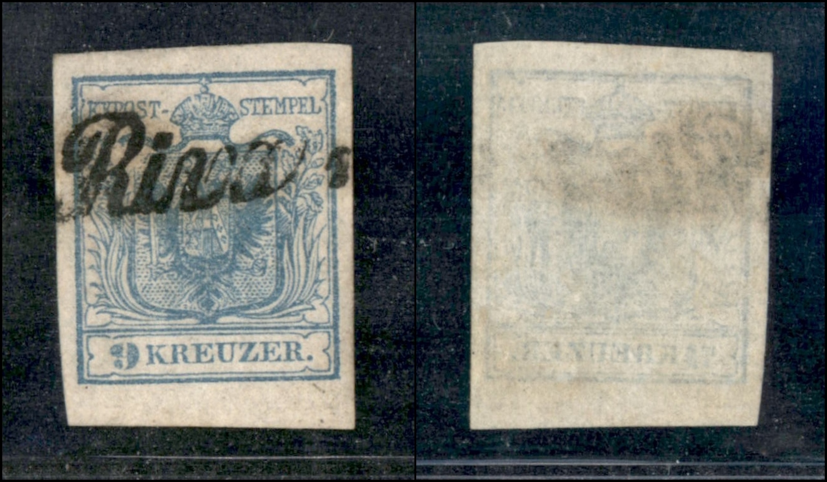 10048 LOMBARDO VENETO - 1850 - 9 Kreuzer Azzurro (5 - Austria) Delle Prime Tirature - Corsivo "Riva" - Splendido - Autres & Non Classés