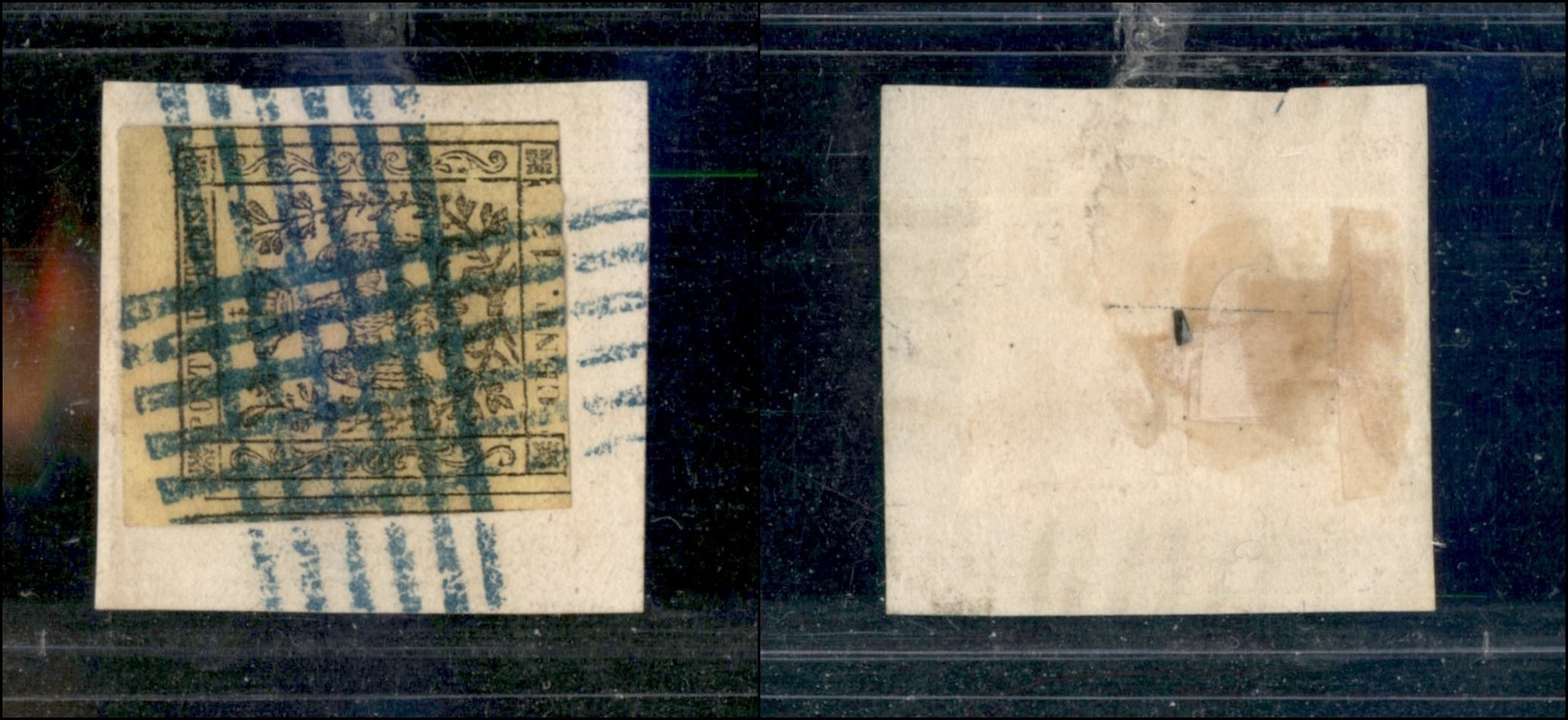10062 MODENA - 1852 - 15 Cent Giallo (3) Bordo Di Foglio - Su Frammento Con Sbarre Incrociate (azzurre) - Altri & Non Classificati