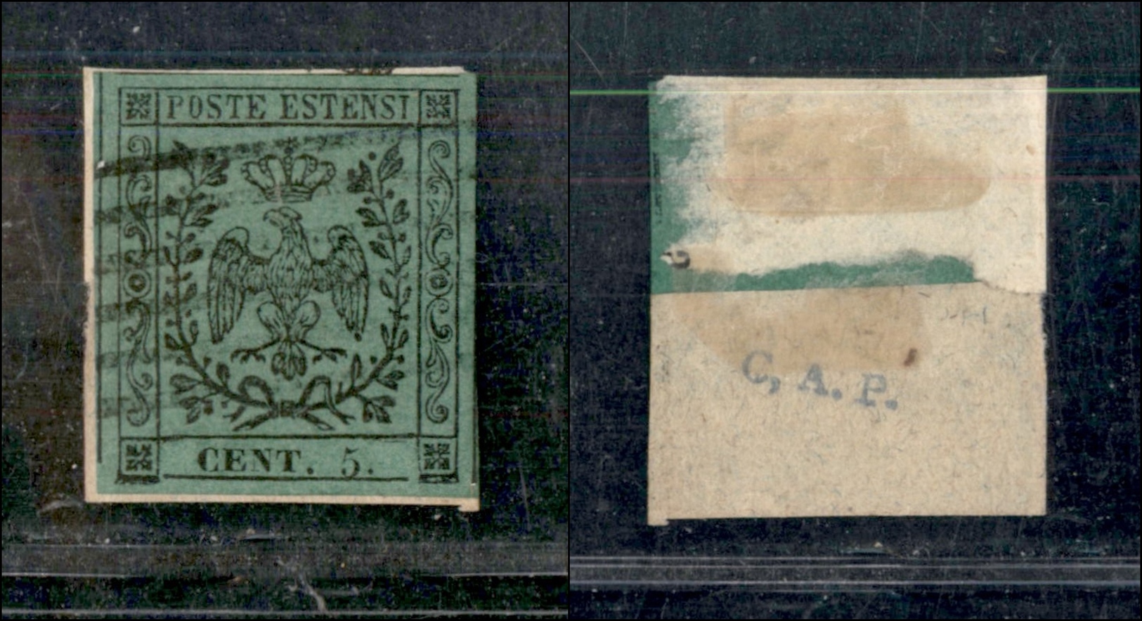 10074 MODENA - 1852 - 5 Cent Verde Oliva (8) Su Parte Di Frammento (275) - Sonstige & Ohne Zuordnung