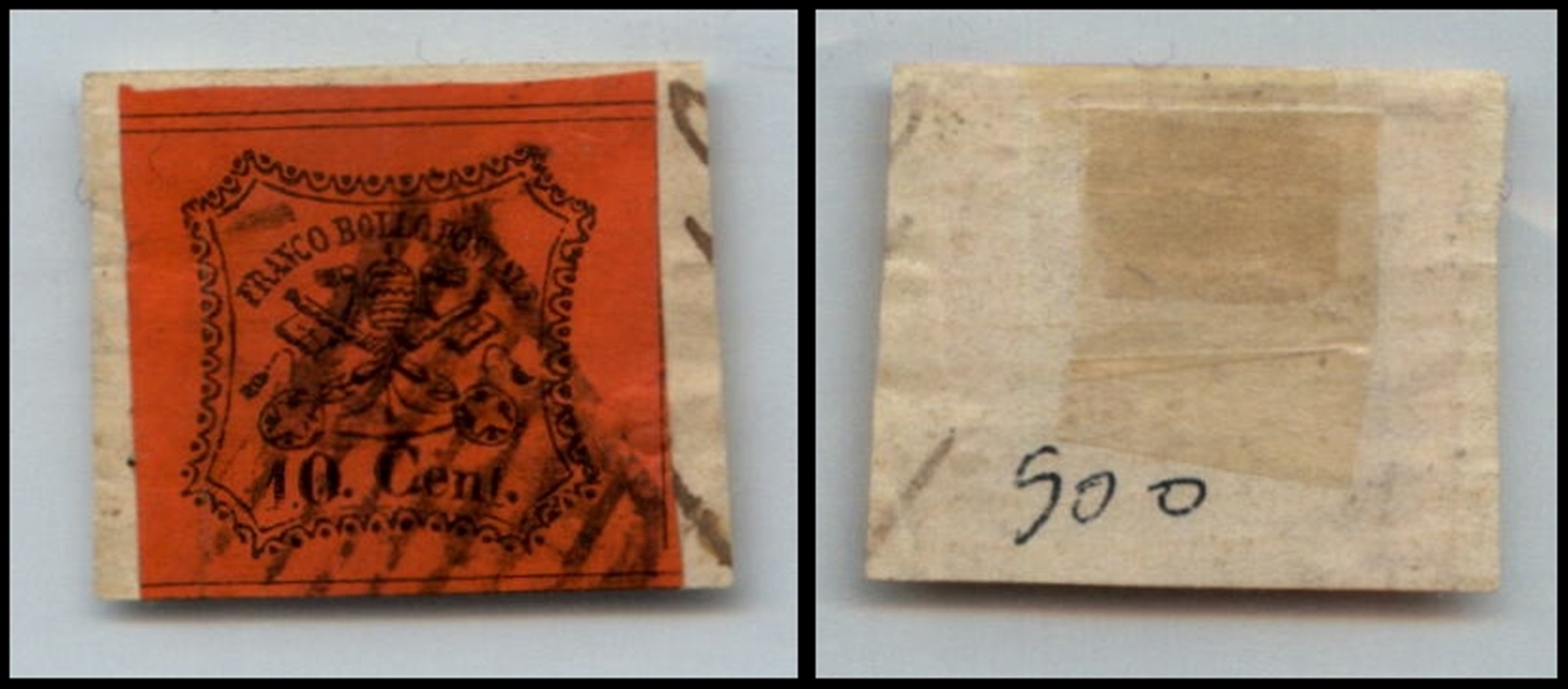 10171 PONTIFICIO - 1867 - 10 Cent Vermiglio Arancio (17) Su Frammento (215) - Other & Unclassified