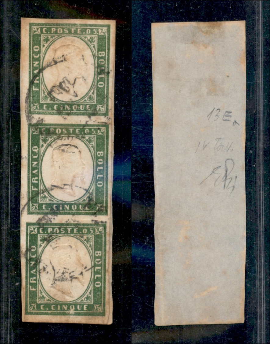 10203 SARDEGNA - 1863 - Striscia Di Tre Del 5 Cent Verde (13Ea) Su Frammento (125) - Autres & Non Classés