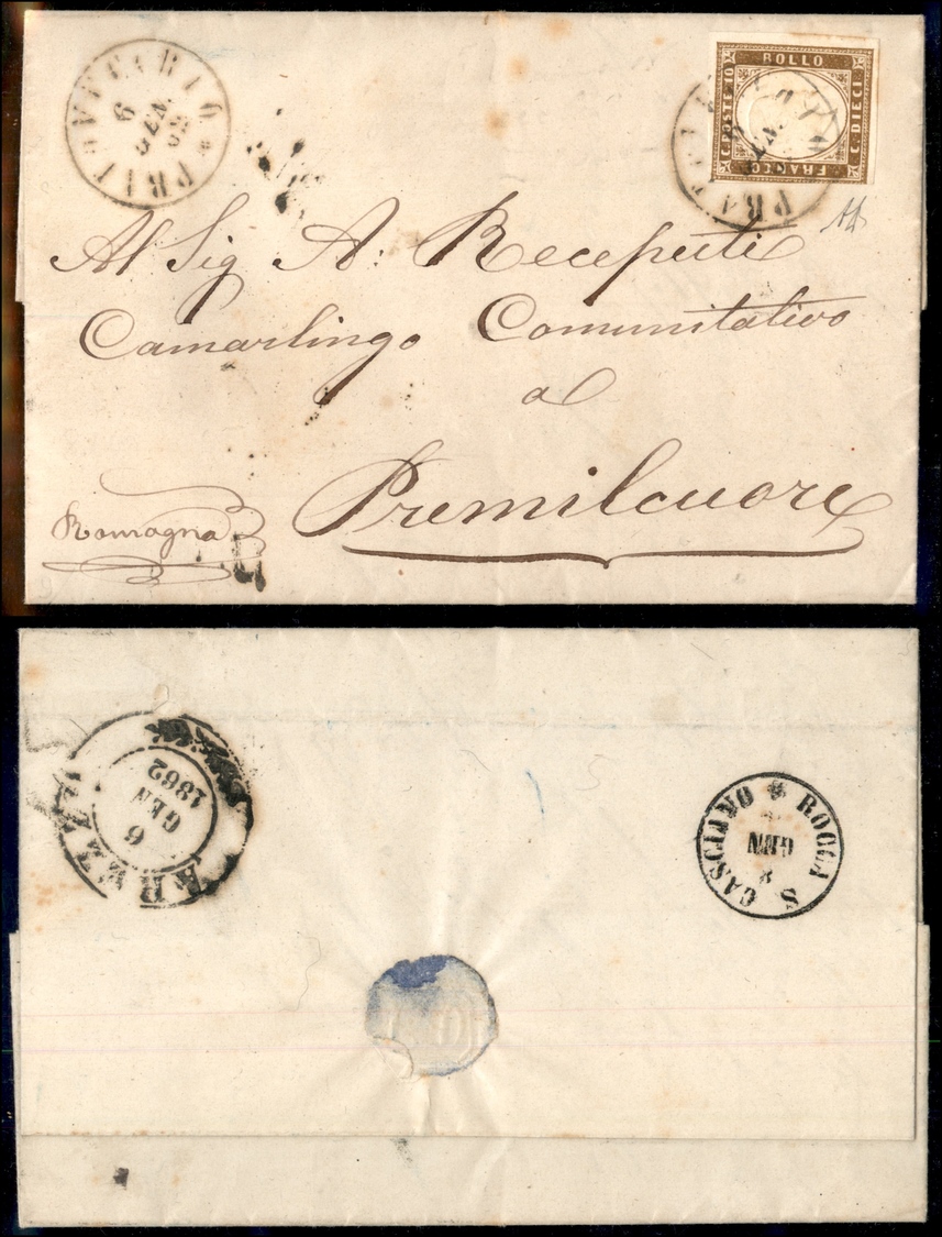 10208 SARDEGNA - 1861 - 10 Cent Bruno Bistro (14Co) Su Lettera Da Pratovecchio A Premilcuore Del 6.1.1862 - Diena (300) - Autres & Non Classés