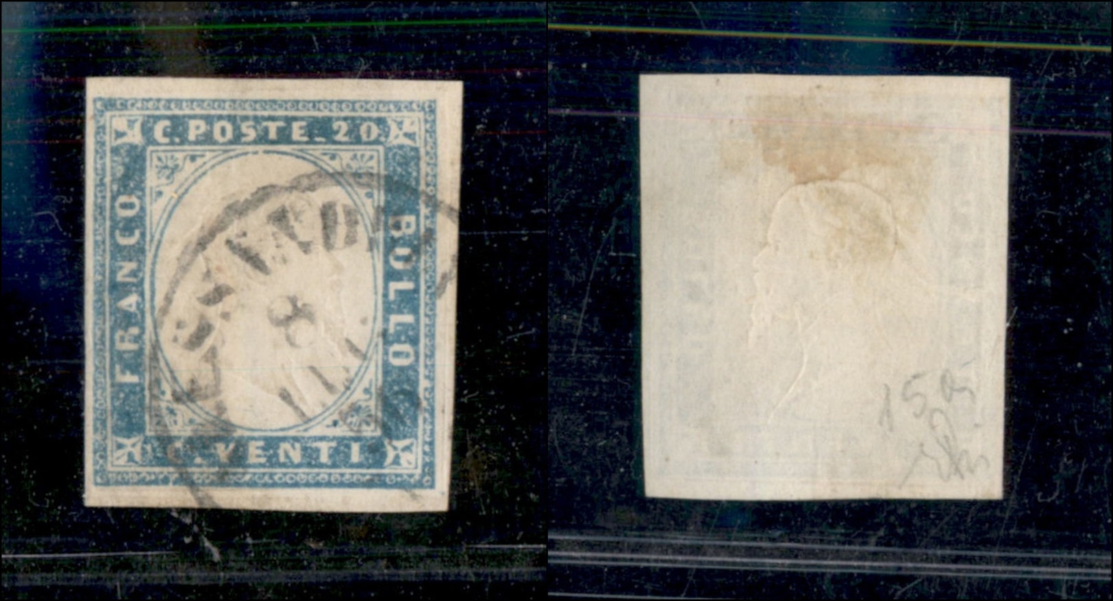 10210 SARDEGNA - 1855 - 20 Cent Cobalto (15a) Annullato Alessandria 8.7.1856 (180) - Autres & Non Classés