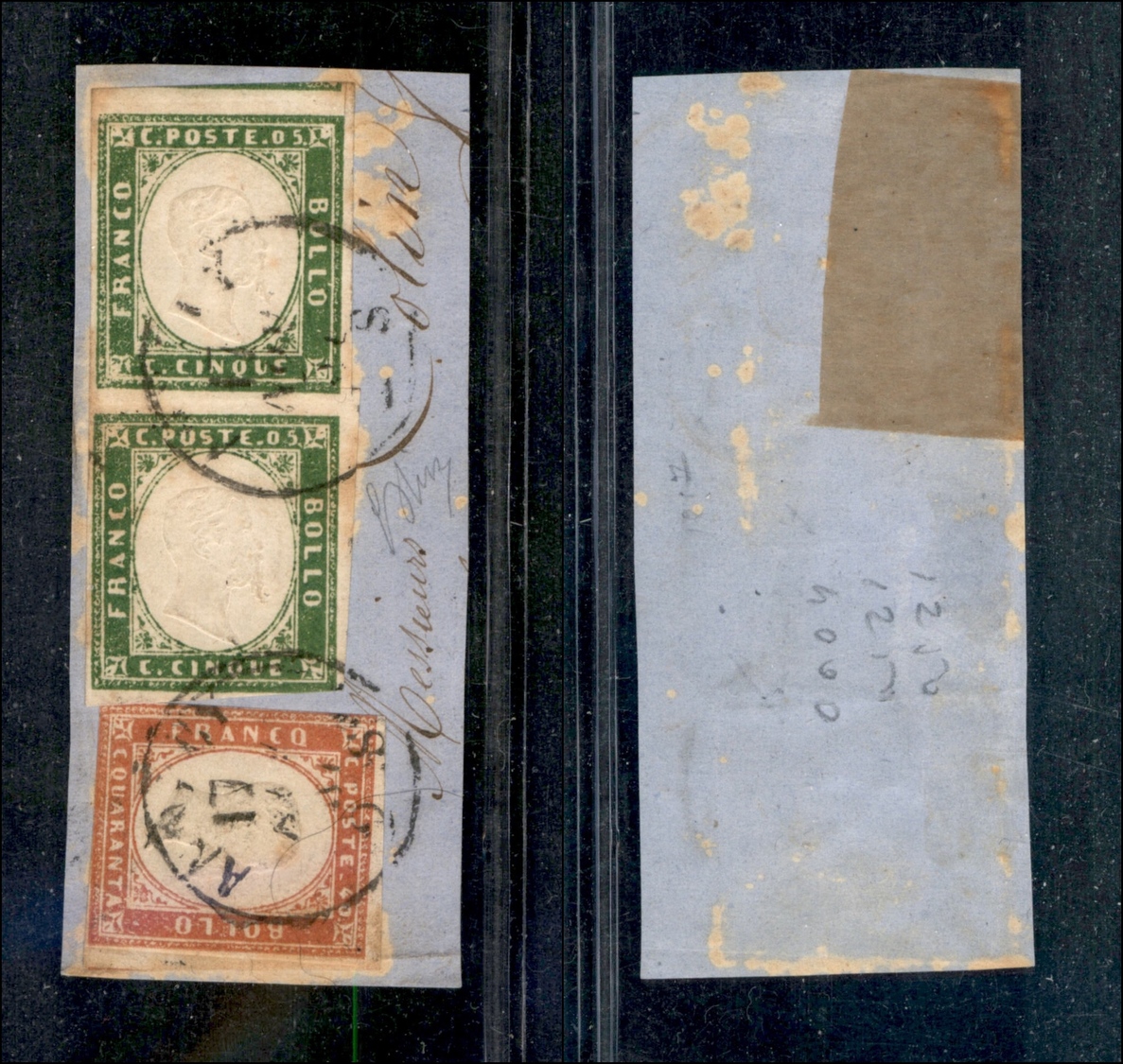10220 SARDEGNA - 1855 - 40 Cent Vermiglio Rosa (16c) + Coppia Verticale Del 5 Cent Verde Smeraldo Grigiastro (13g) Su Fr - Autres & Non Classés