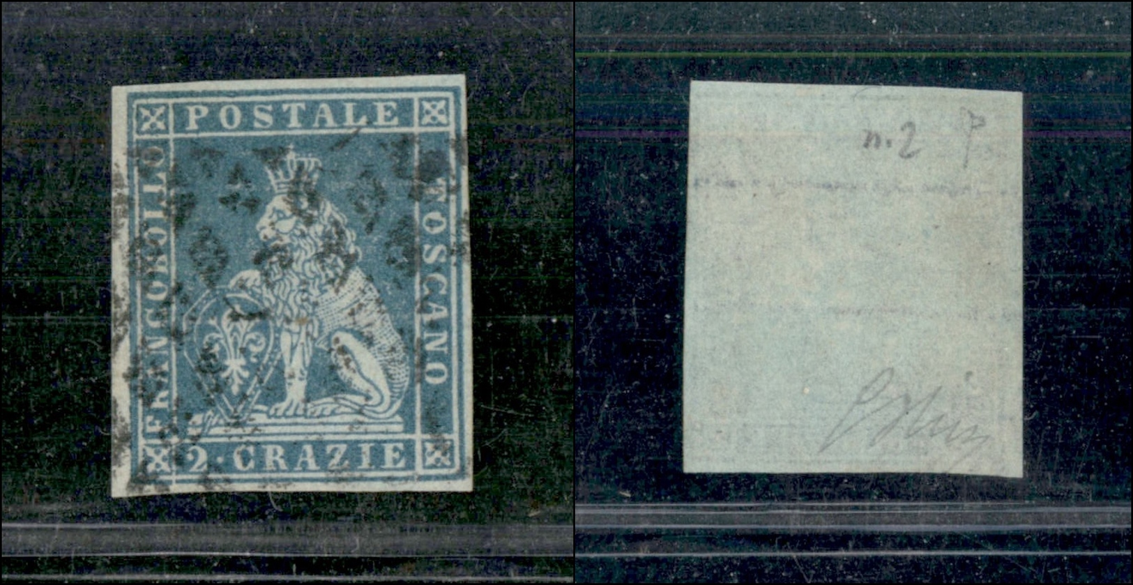 10268 TOSCANA - 1851 - 2 Crazie Azzurro (5 - Carta Azzurrata) Usato - Oliva (250) - Sonstige & Ohne Zuordnung