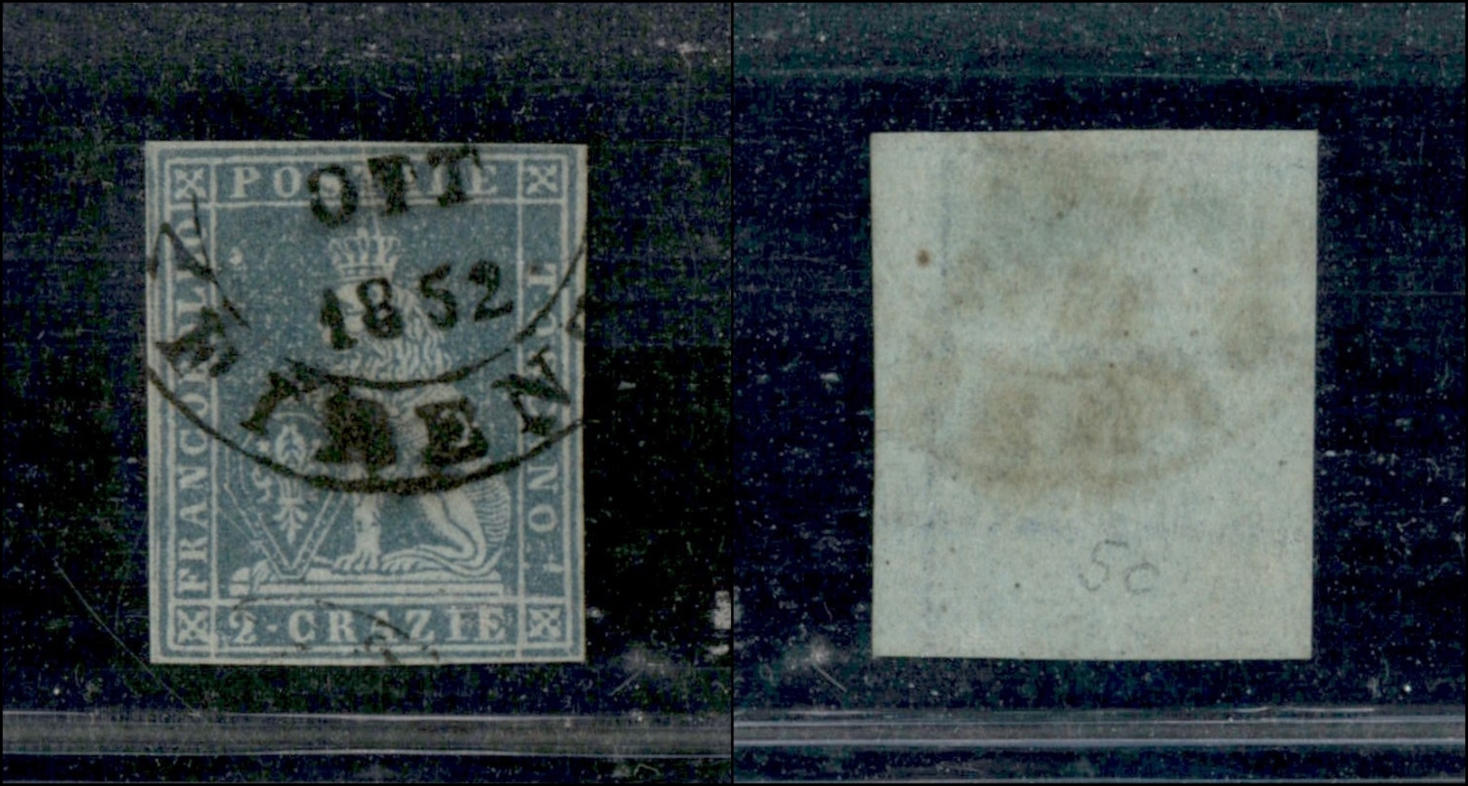 10274 TOSCANA - 1851 - 2 Crazie Azzurro Grigio (5a - Carta Azzurra) Ben Marginato - Doppio Filetto Esterno In Verticale  - Sonstige & Ohne Zuordnung