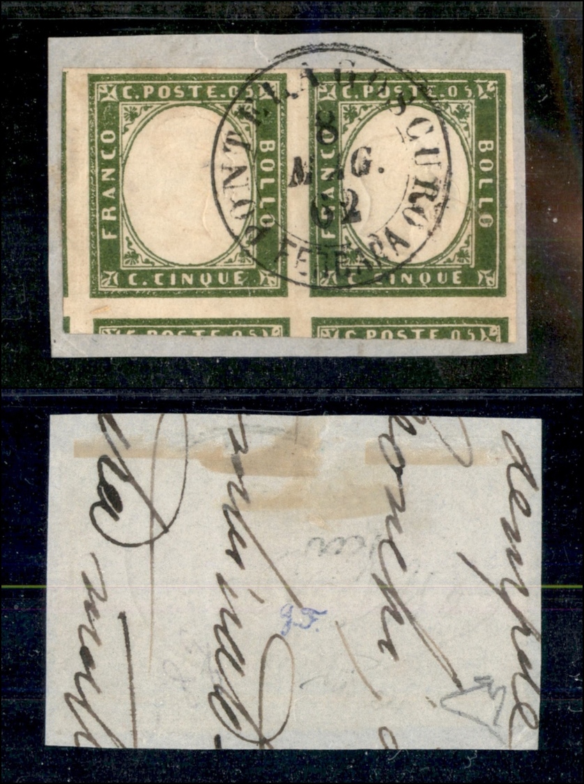 10343 REGNO - 1862 - Coppia Del 5 Cent Verde (13Cc - Sardegna) Su Frammento Da Pontelagoscuro Ferrara 8.5.62 - Da Buoni  - Autres & Non Classés