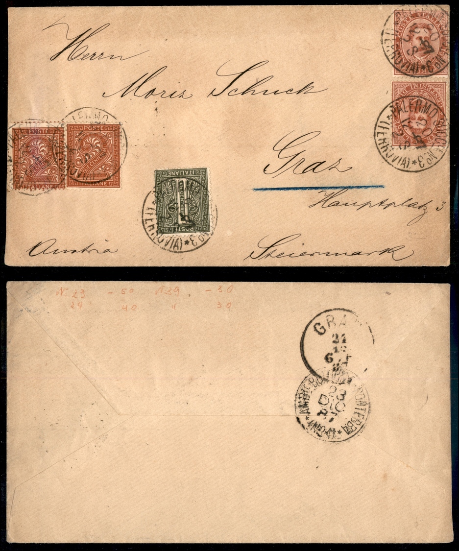 10376 REGNO - Vittorio Emanuele II (14/15) + Umberto 10 Cent (38) Due Colori Diversi Su Busta Da Palermo 20.12.1887 Per  - Sonstige & Ohne Zuordnung