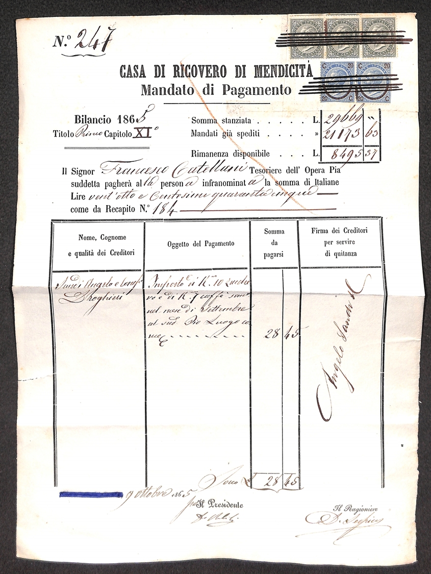 10391 REGNO - Uso Fiscale - 1865 - Mandato Di Pagamento Quietanzato Con Uso Di Francobolli - Sonstige & Ohne Zuordnung