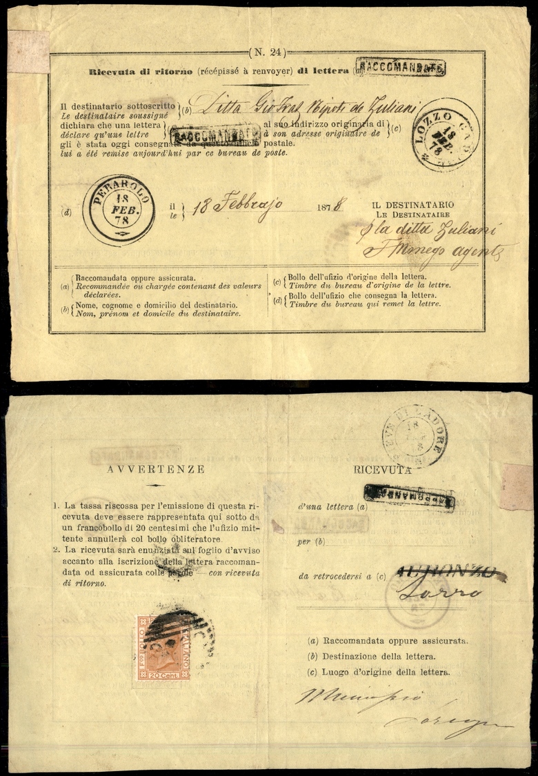 10394 REGNO - 1878 - Ricevuta Di Ritorno Di Raccomandata - Affrancata Con 20 Cent Vittorio Emanuele II (28) 18.2.1878 - Autres & Non Classés