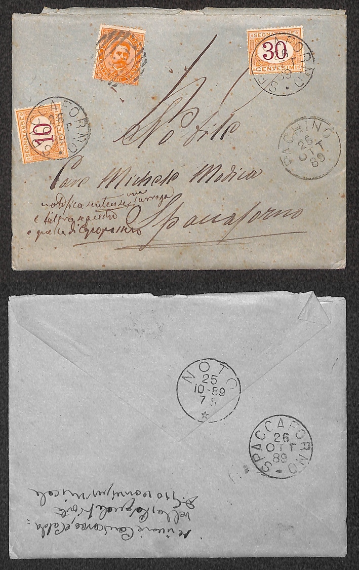 10396 REGNO - 20 Cent Umberto (39) Isolato Su Busta Da Pachino 25.10.1889 Tassata In Arrivo A Spaccaforno Per 40 Cent (6 - Other & Unclassified