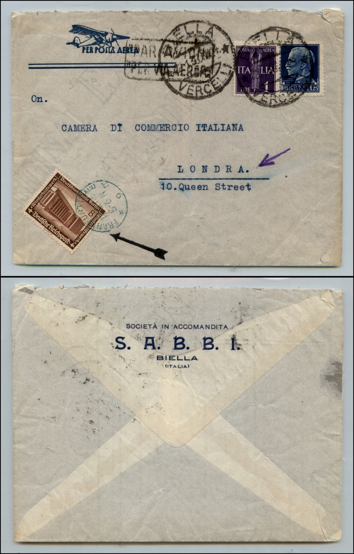 10534 REGNO - Aerogramma Da Biella A Londra Del 28.1.38 - A Lato Un 8 Pfennig Annullato A Francoforte (253+254) - Sonstige & Ohne Zuordnung