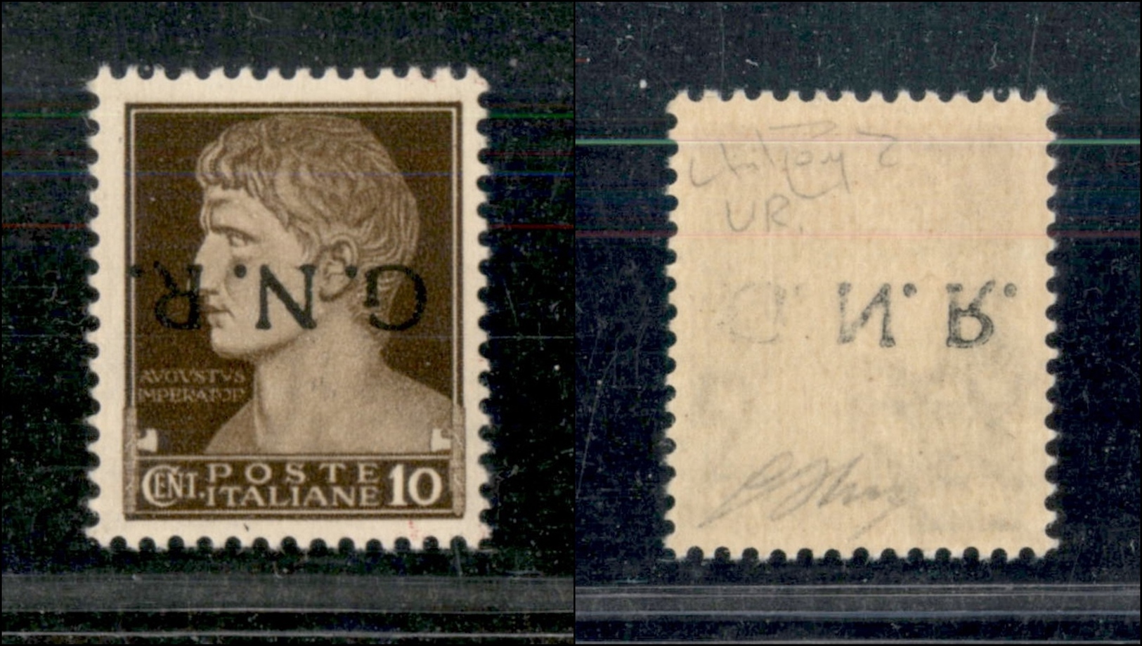 10802 REPUBBLICA SOCIALE - 1944 - GNR Verona - 10 Cent Bruno (471a) Soprastampa Capovolta + Decalco Delle Lettere N.R. - - Autres & Non Classés