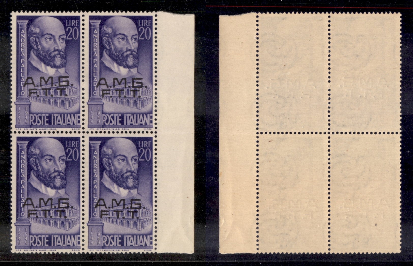 10853 TRIESTE A - AMG FTT - 1949 - Andrea Palladio 20 Lire Violetto (50) - Quartina Bordo Di Foglio - Gomma Integra (135 - Autres & Non Classés